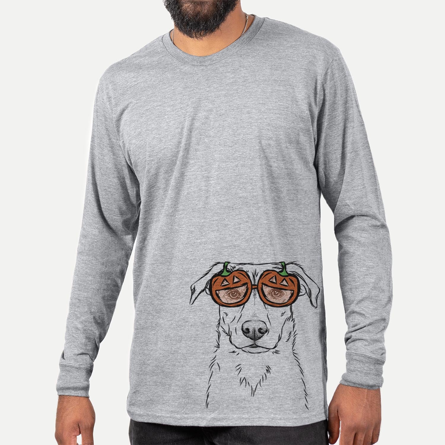 Hand-drawn sketch of Peanut the Lab Mix wearing pumpkin glasses on a Grey pumpkin collection, hanging on a wall