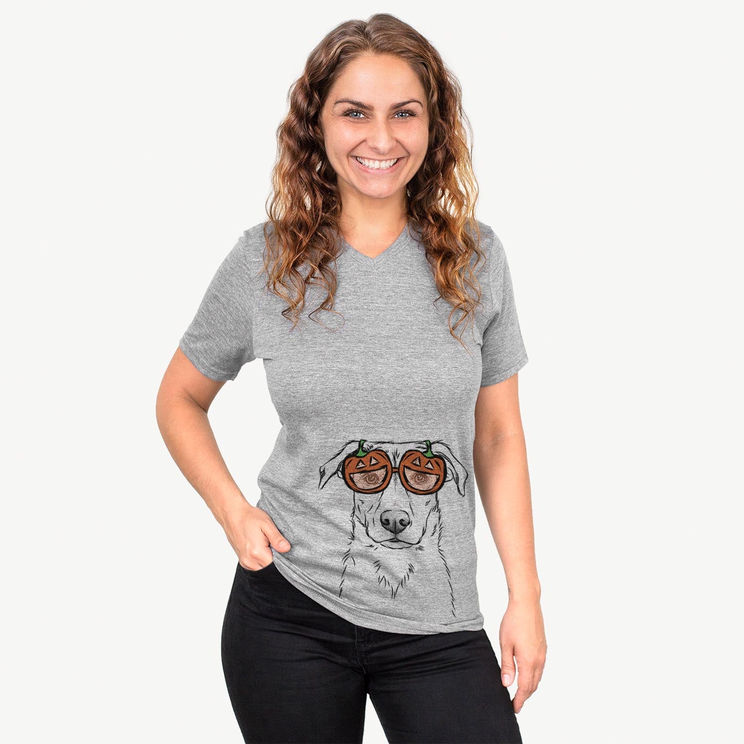 Hand-drawn sketch of Peanut the Lab Mix wearing pumpkin glasses on a Grey pumpkin collection