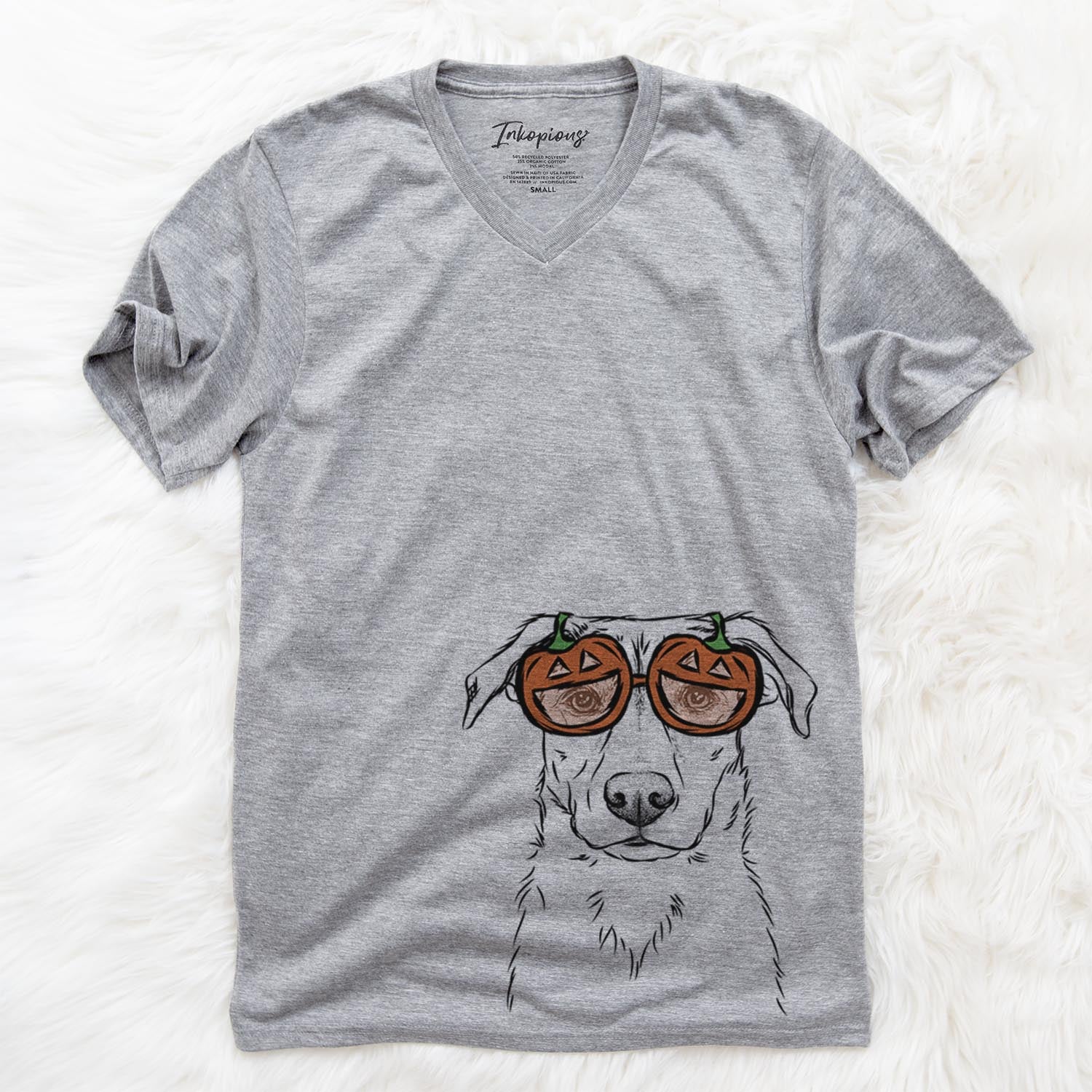 Hand-drawn sketch of Peanut the Lab Mix wearing pumpkin glasses on a Grey pumpkin collection