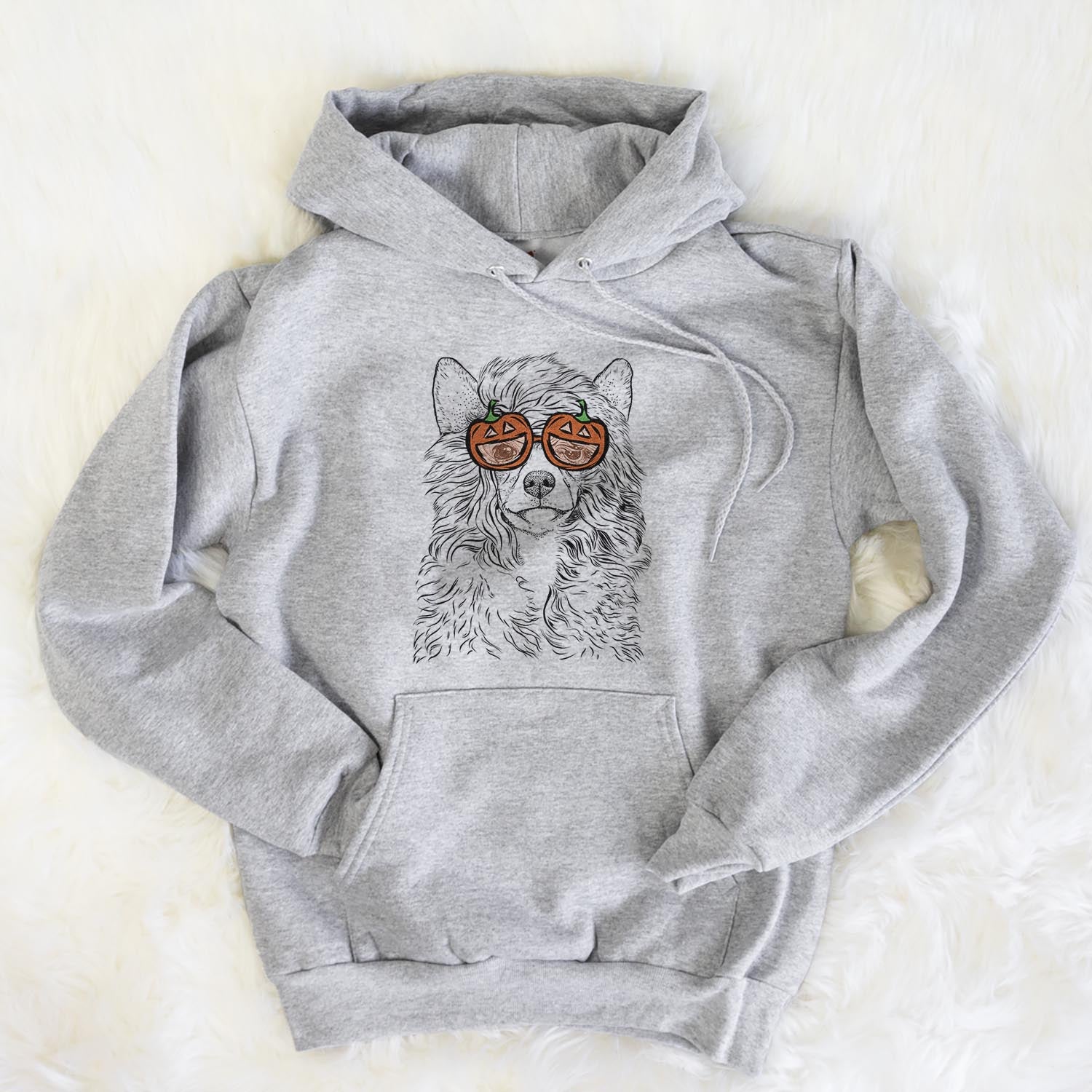 Hand-drawn sketch of Preston the Powderpuff Chinese Crested wearing pumpkin glasses on a Grey pumpkin collection, flat lay