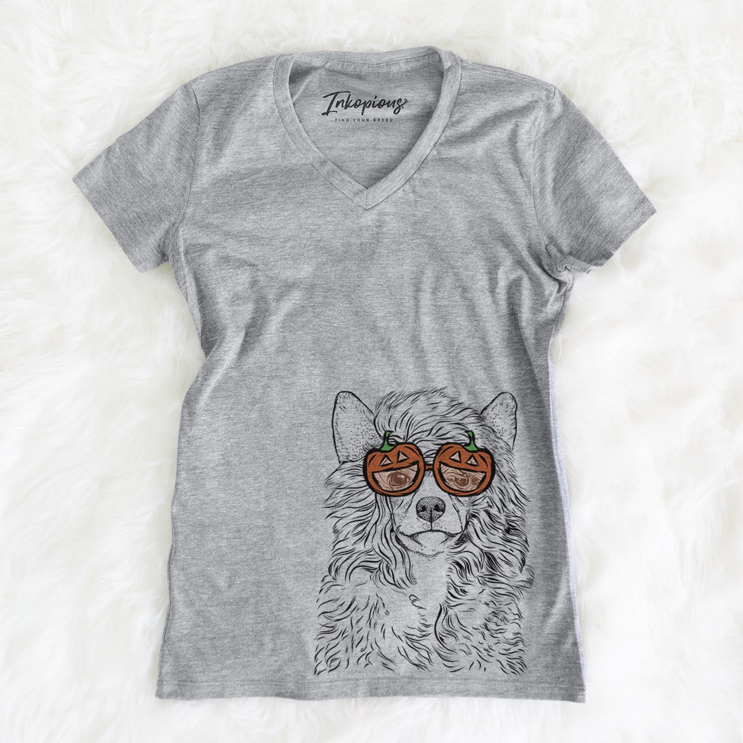 Hand-drawn sketch of Preston the Powderpuff Chinese Crested wearing pumpkin glasses on a Grey pumpkin collection, on a hanger