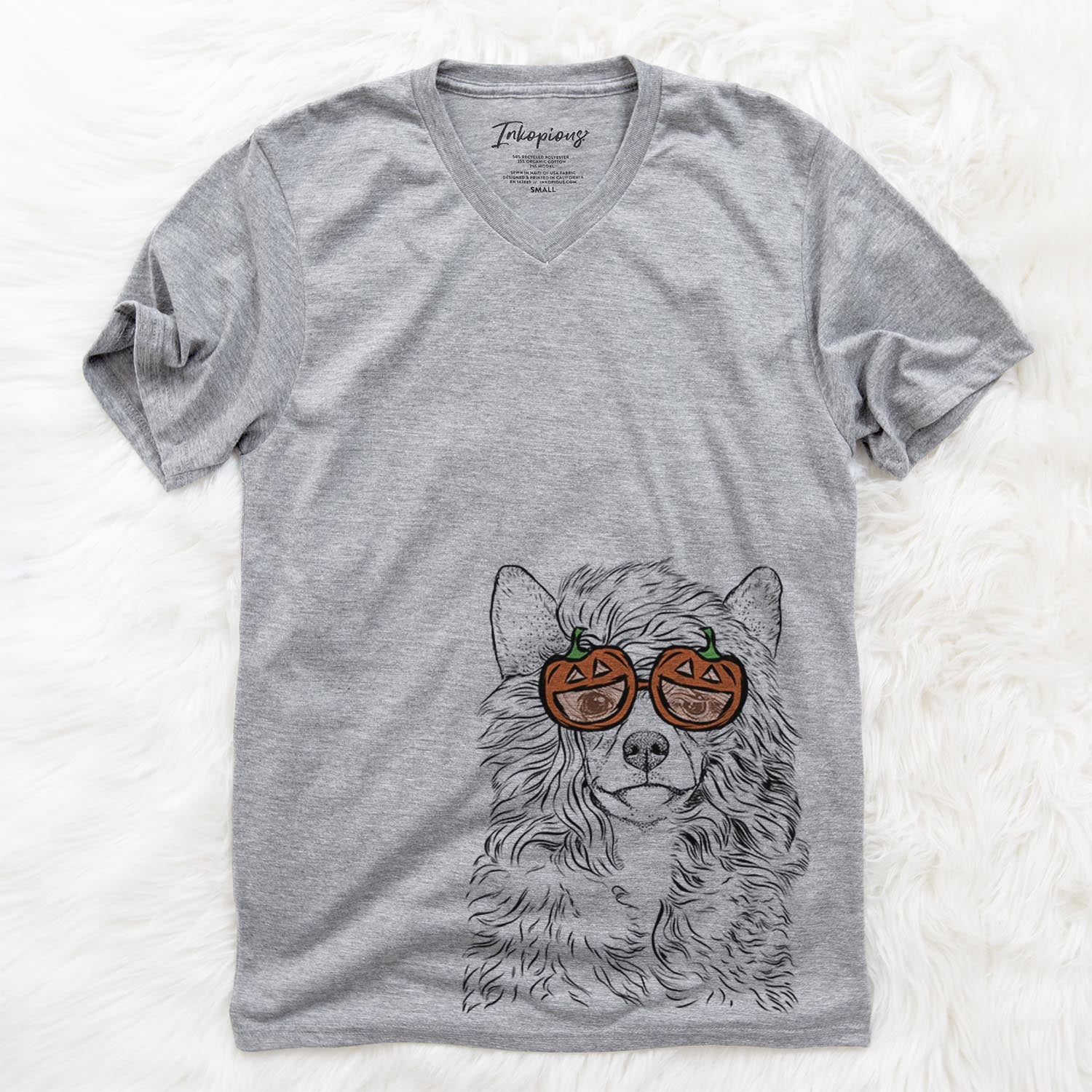 Hand-drawn sketch of Preston the Powderpuff Chinese Crested wearing pumpkin glasses on a Grey pumpkin collection