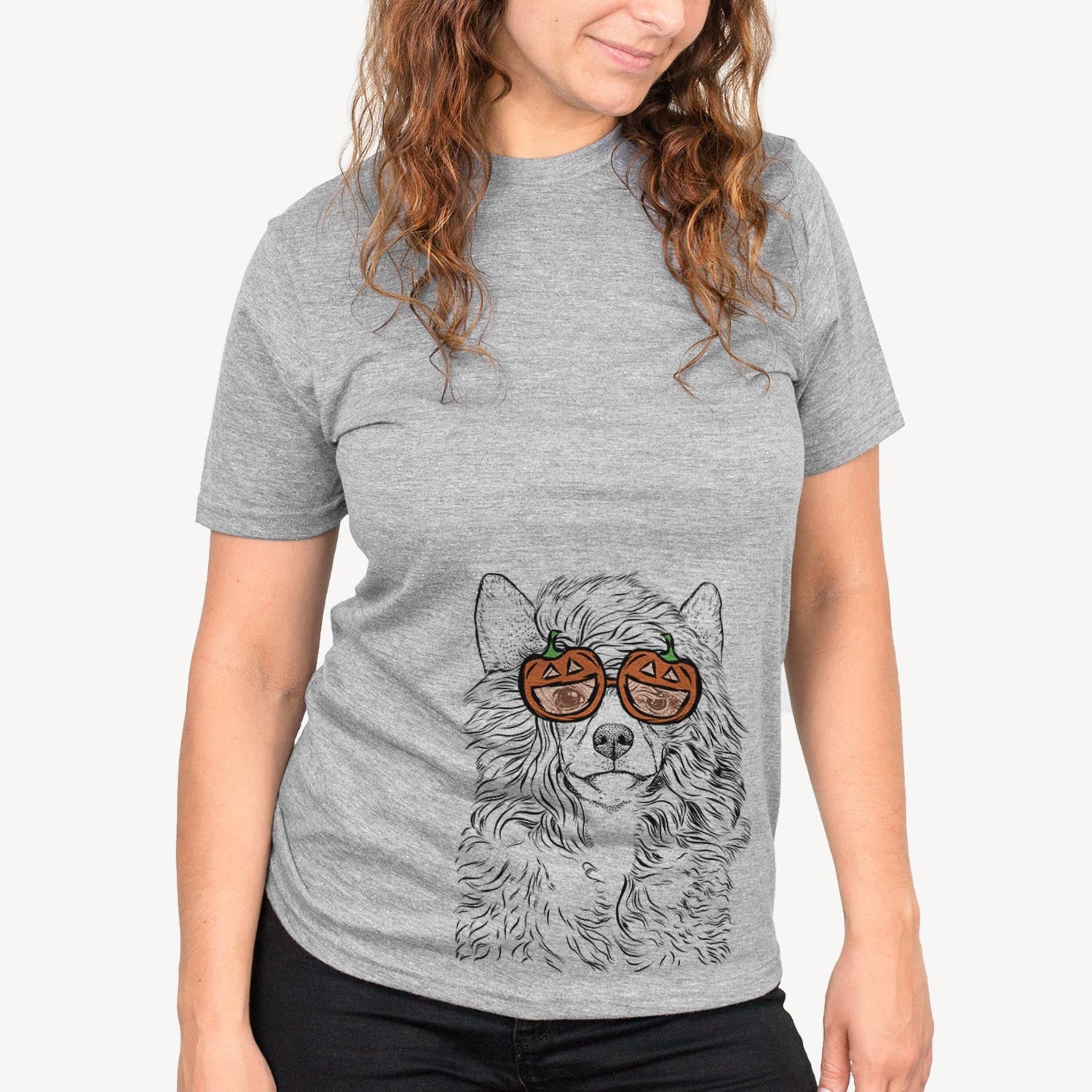 Hand-drawn sketch of Preston the Powderpuff Chinese Crested wearing pumpkin glasses on a Grey pumpkin collection, on a hanger