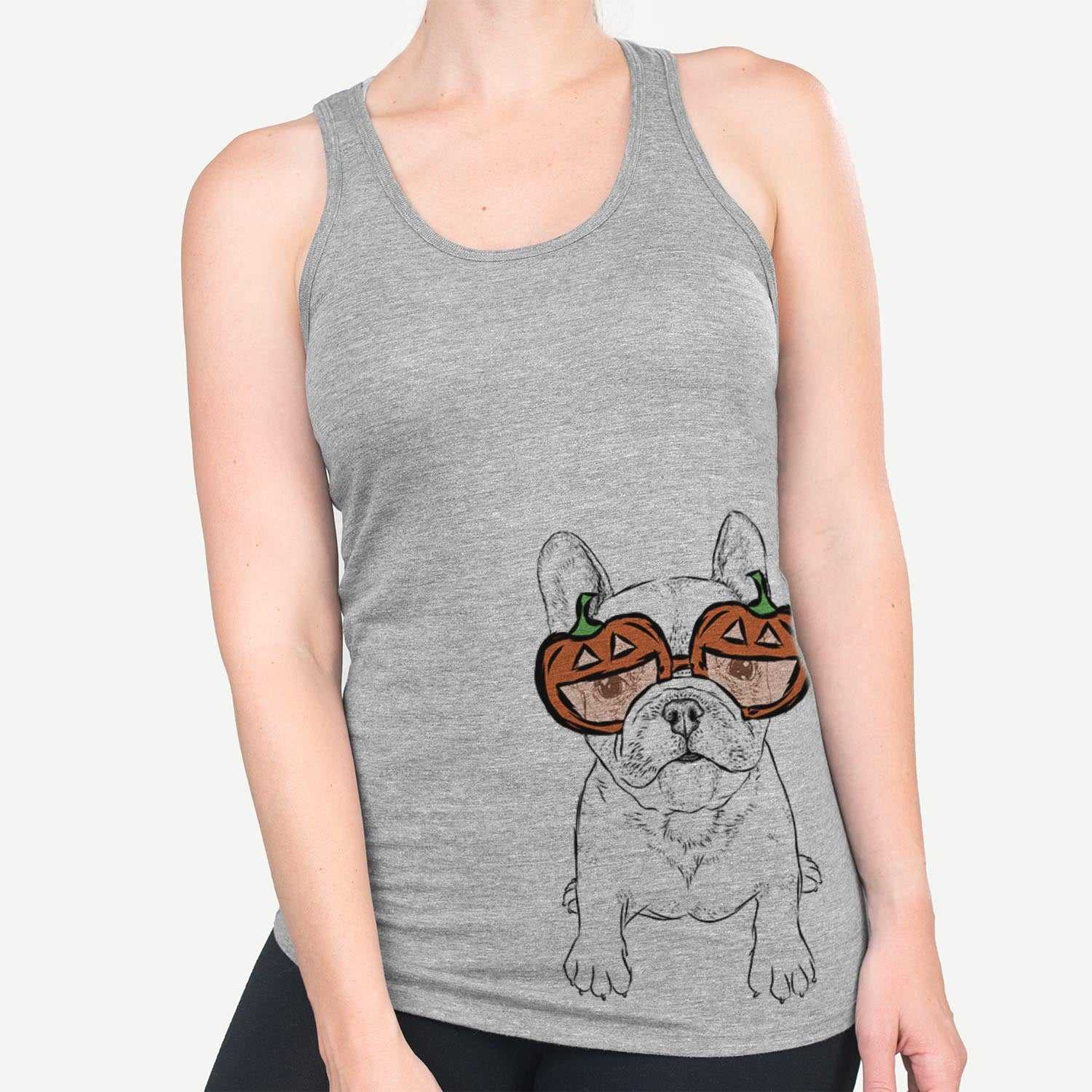 Hand-drawn sketch of Puppy Pierre the French Bulldog wearing pumpkin glasses on a Grey pumpkin collection