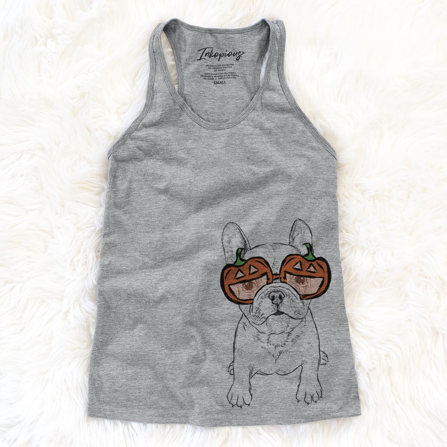 Hand-drawn sketch of Puppy Pierre the French Bulldog wearing pumpkin glasses on a Grey pumpkin collection