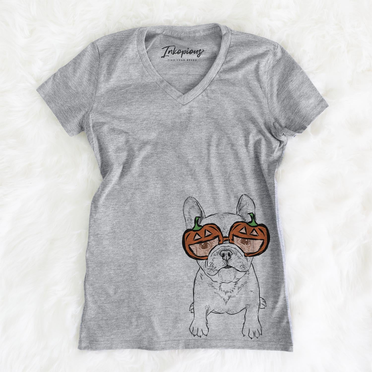 Hand-drawn sketch of Puppy Pierre the French Bulldog wearing pumpkin glasses on a Grey pumpkin collection, on a hanger