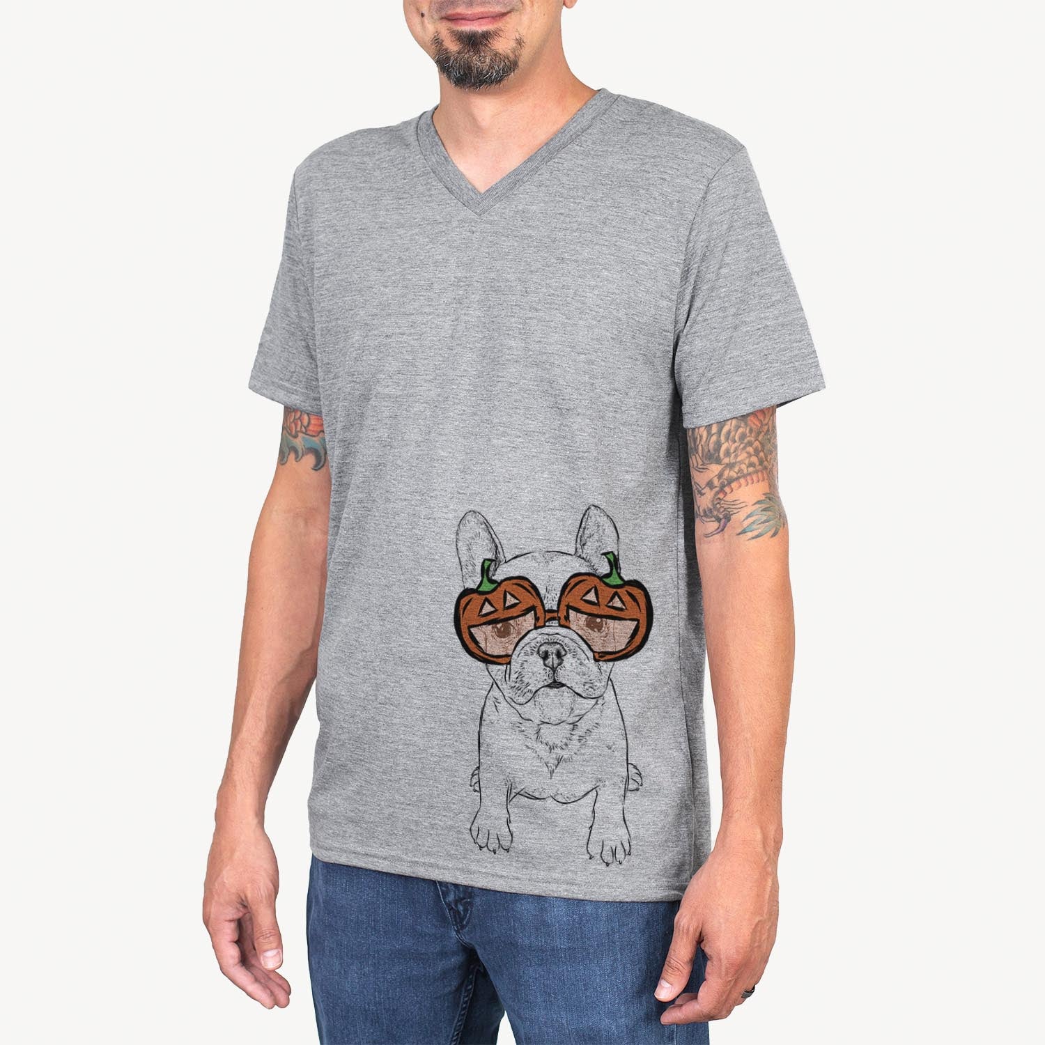 Hand-drawn sketch of Puppy Pierre the French Bulldog wearing pumpkin glasses on a Grey pumpkin collection