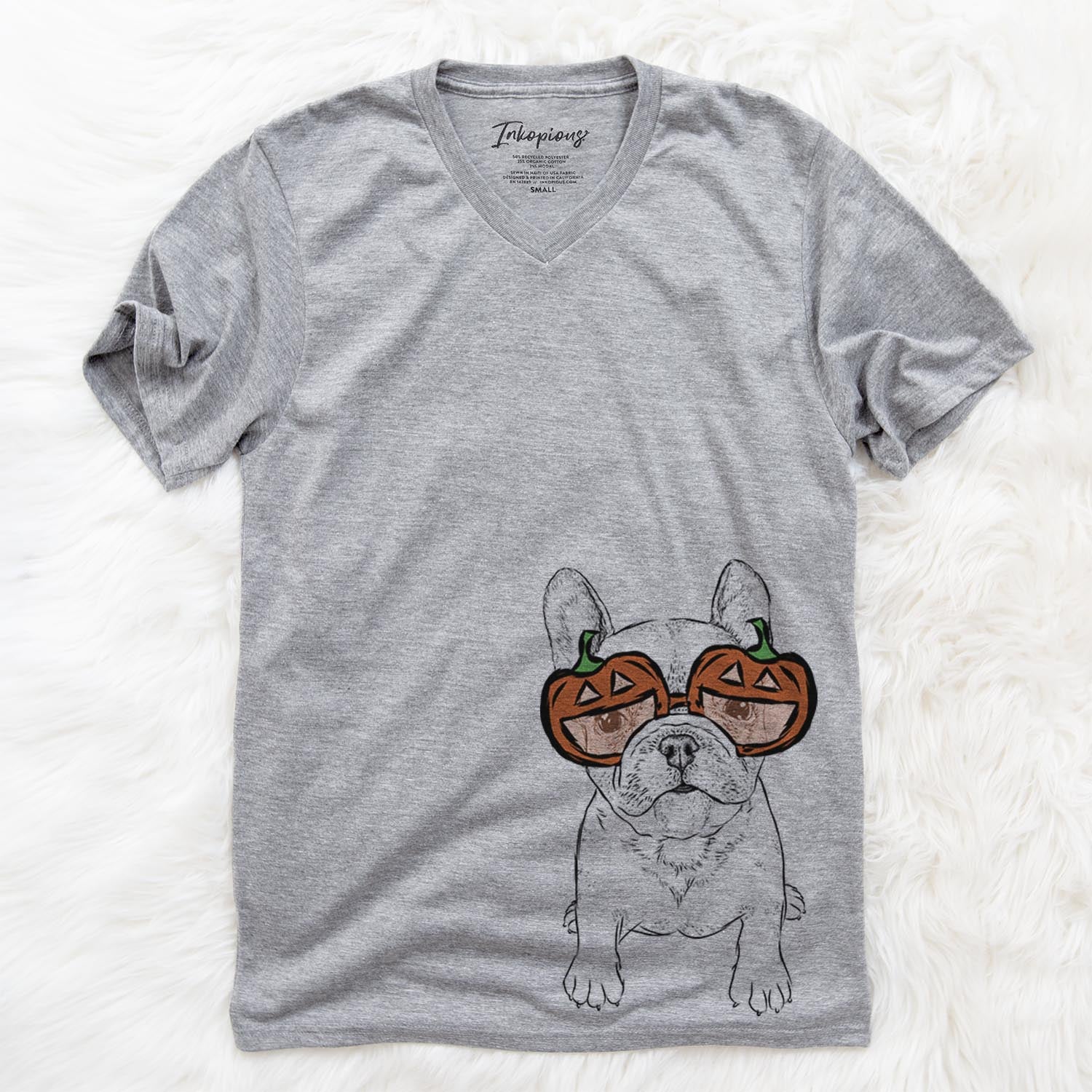 Hand-drawn sketch of Puppy Pierre the French Bulldog wearing pumpkin glasses on a Grey pumpkin collection