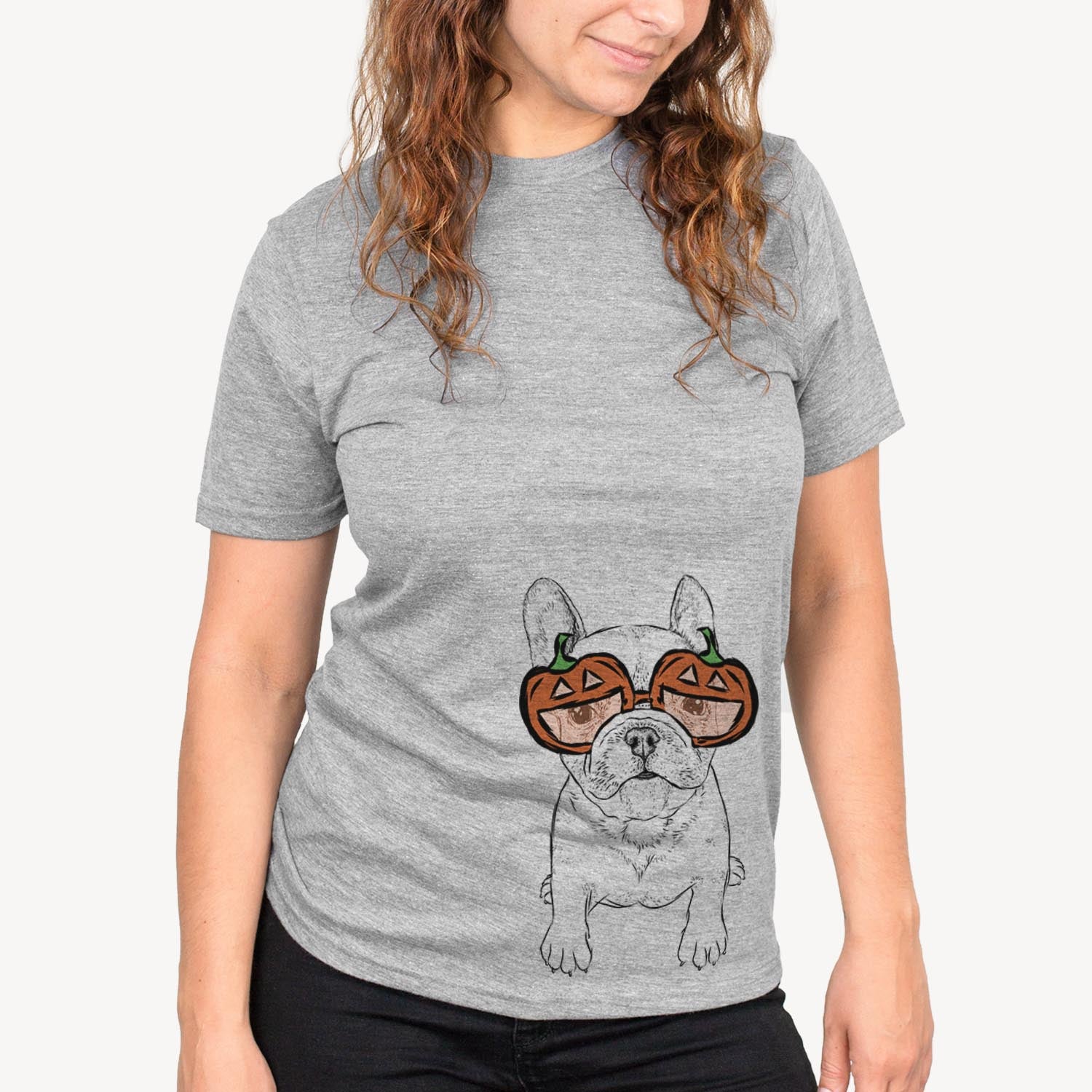 Hand-drawn sketch of Puppy Pierre the French Bulldog wearing pumpkin glasses on a Grey pumpkin collection, on a hanger