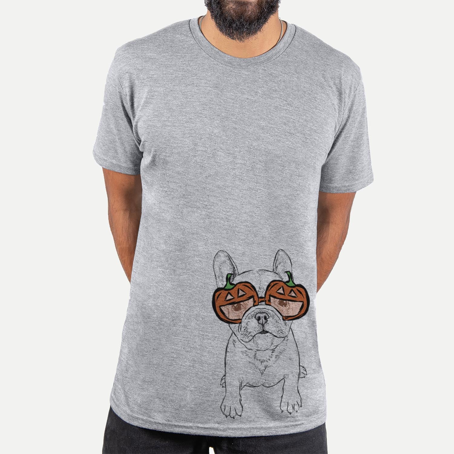 Hand-drawn sketch of Puppy Pierre the French Bulldog wearing pumpkin glasses on a Grey pumpkin collection, hanging on a wall