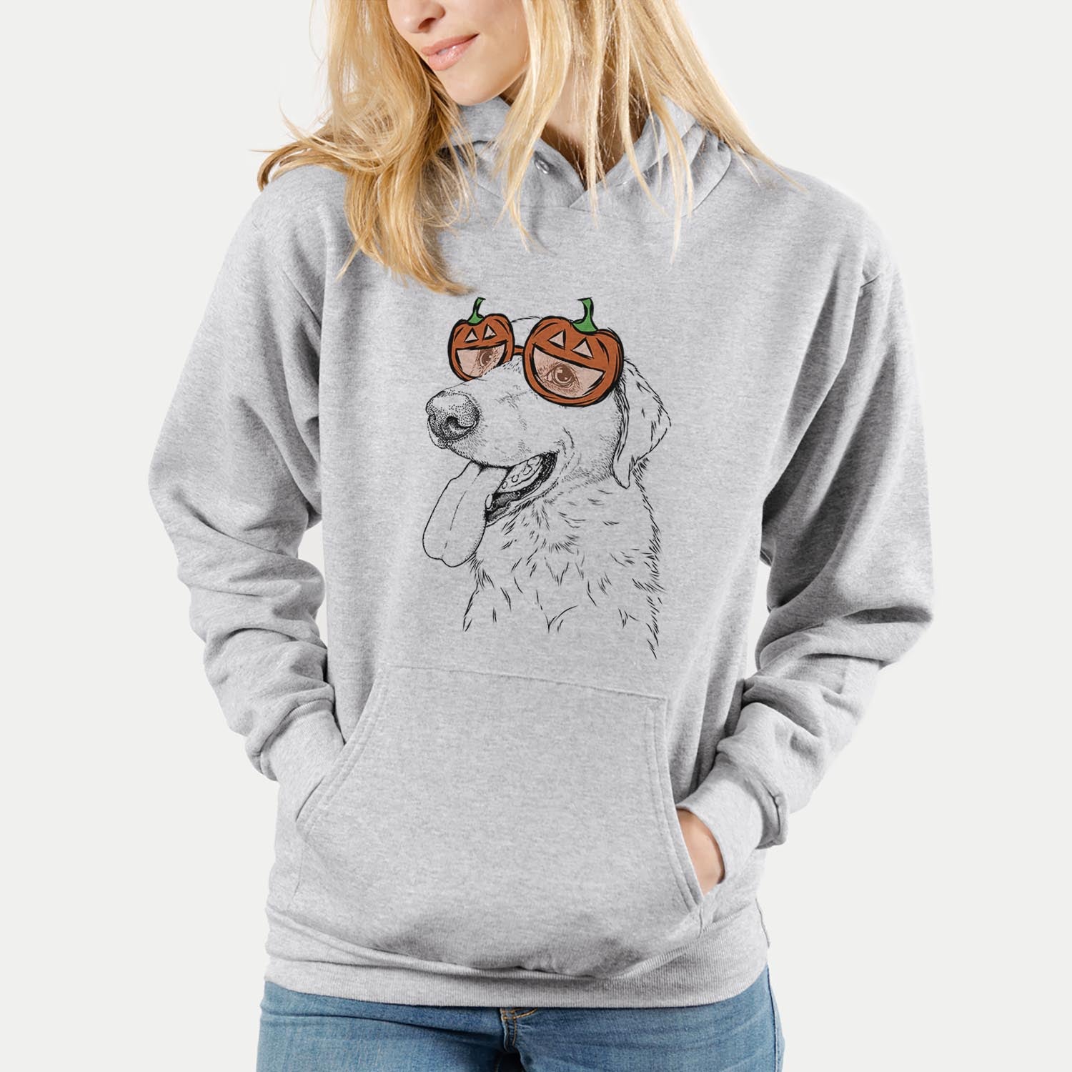 Hand-drawn sketch of Purl the British Lab wearing pumpkin glasses on a Grey pumpkin collection