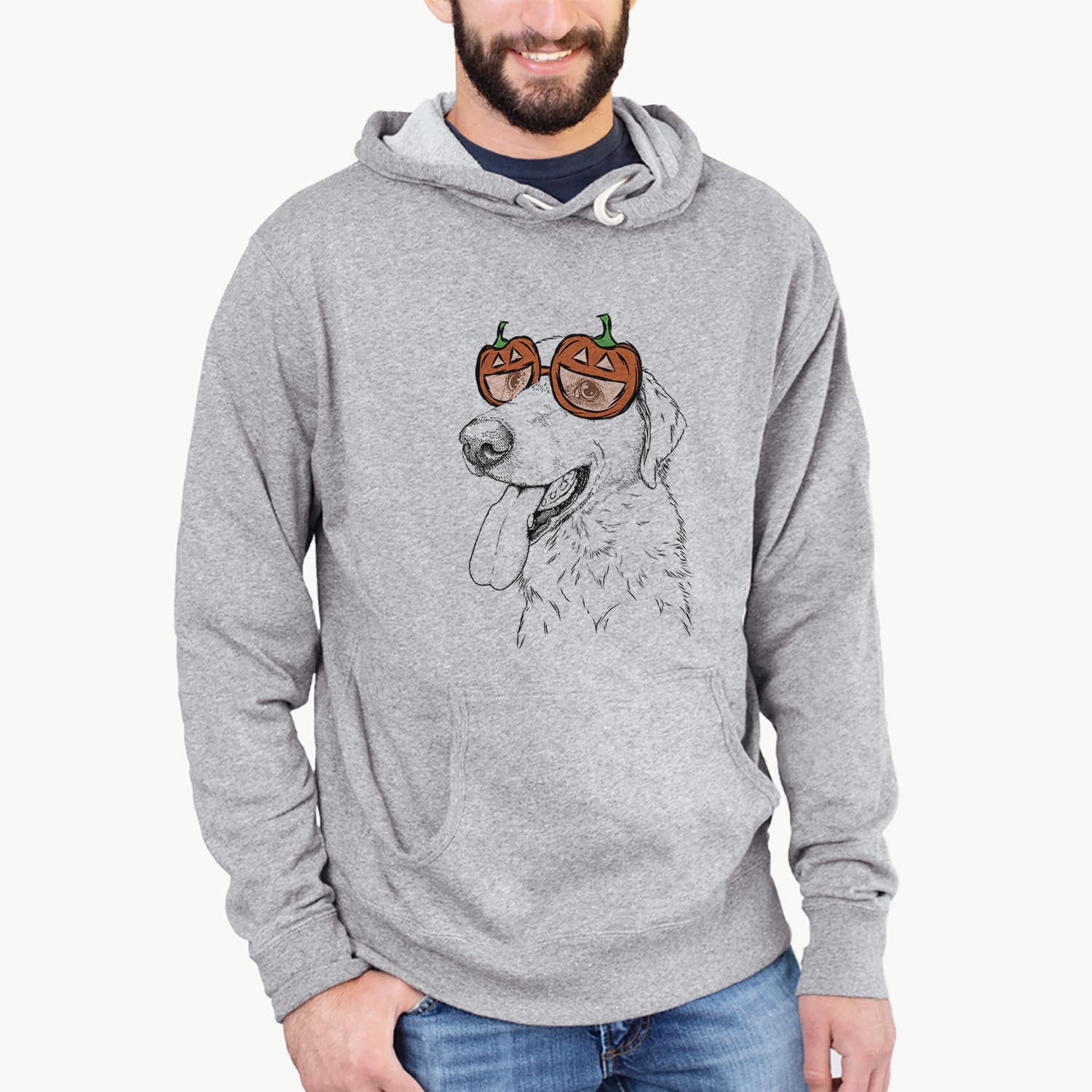 Hand-drawn sketch of Purl the British Lab wearing pumpkin glasses on a Grey pumpkin collection