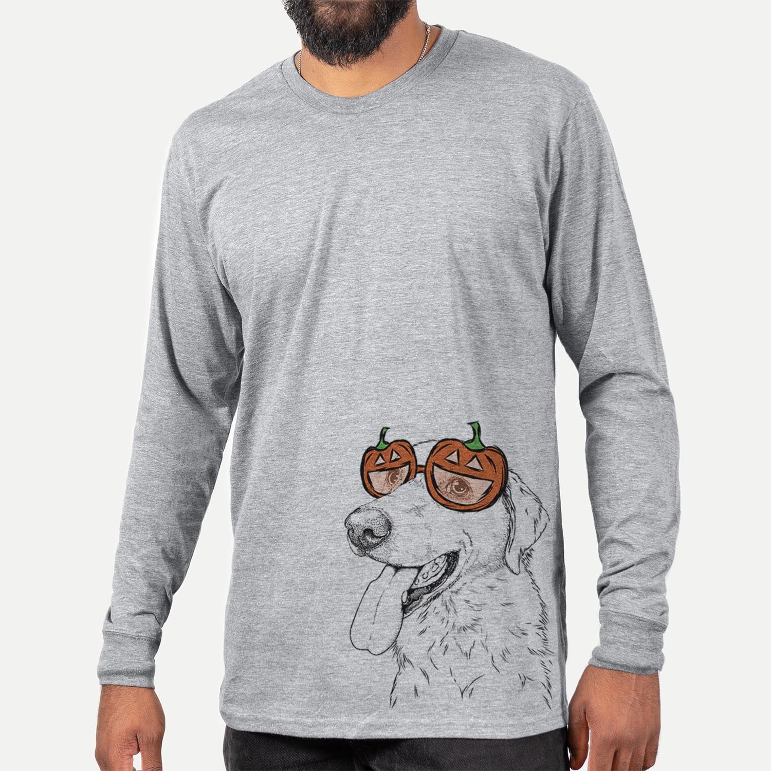 Hand-drawn sketch of Purl the British Lab wearing pumpkin glasses on a Grey pumpkin collection, hanging on a wall
