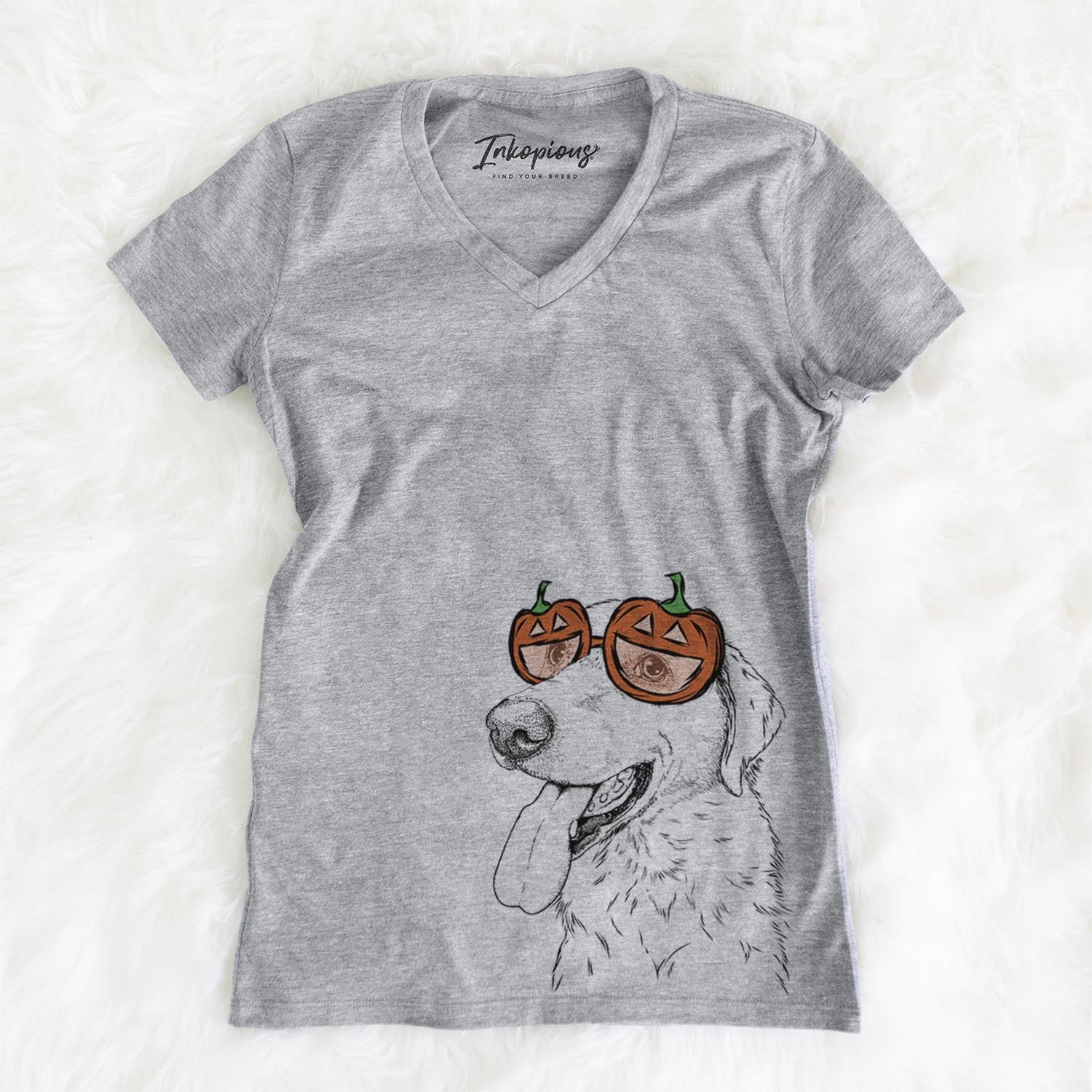 Hand-drawn sketch of Purl the British Lab wearing pumpkin glasses on a Grey pumpkin collection, on a hanger
