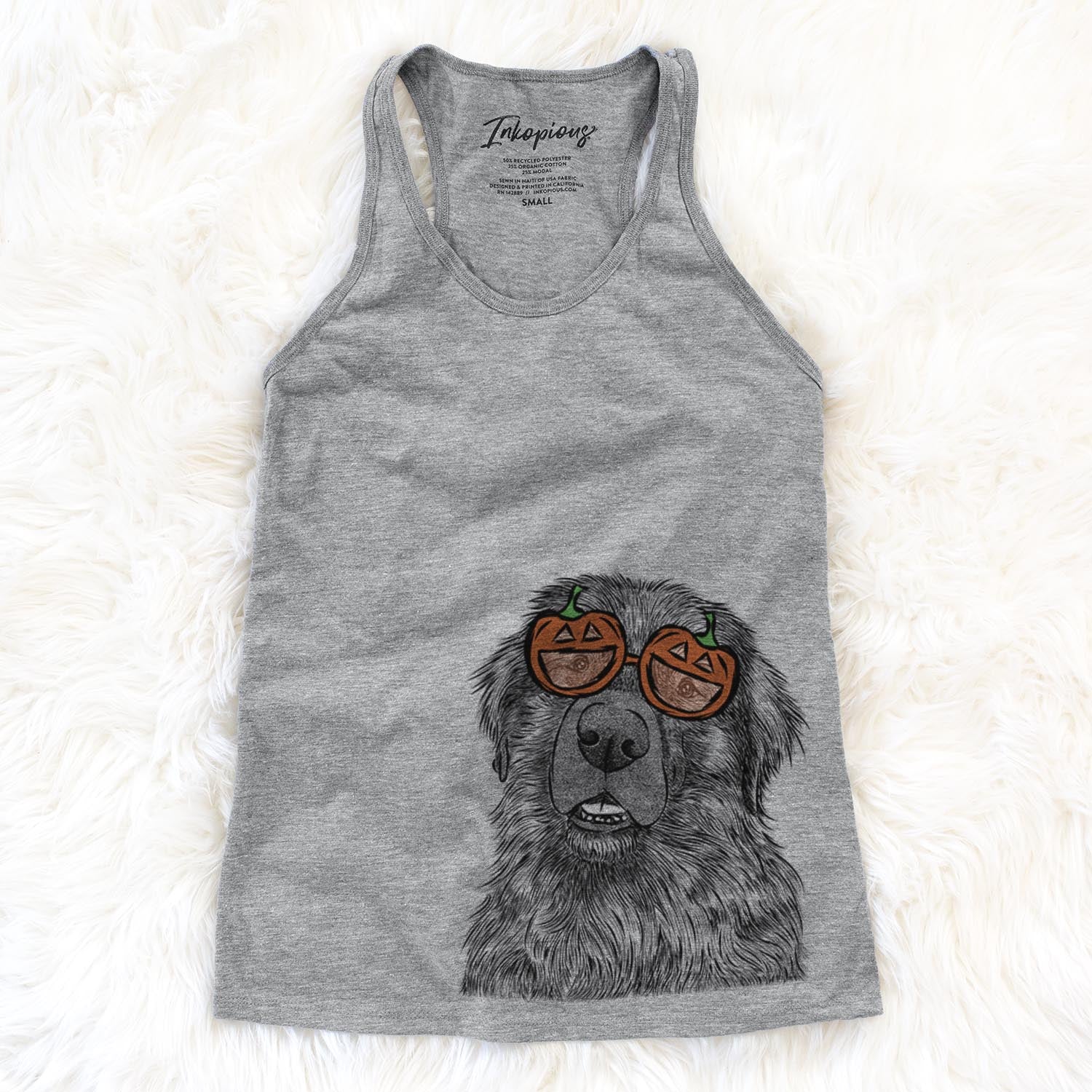 Hand-drawn sketch of Ralph the Leonberger wearing pumpkin glasses on a Grey pumpkin collection