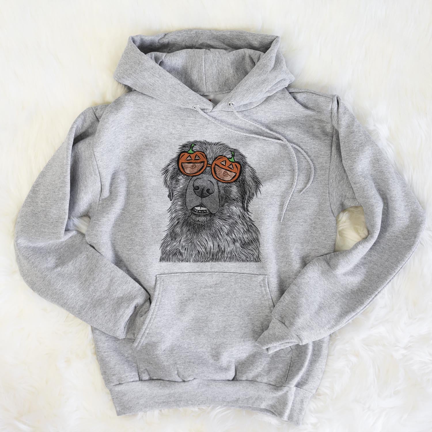 Hand-drawn sketch of Ralph the Leonberger wearing pumpkin glasses on a Grey pumpkin collection, flat lay