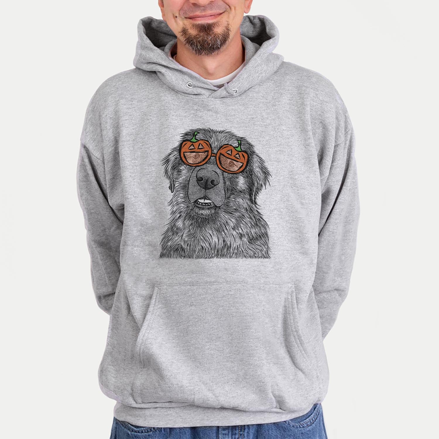 Hand-drawn sketch of Ralph the Leonberger wearing pumpkin glasses on a Grey pumpkin collection, hanging on a wall