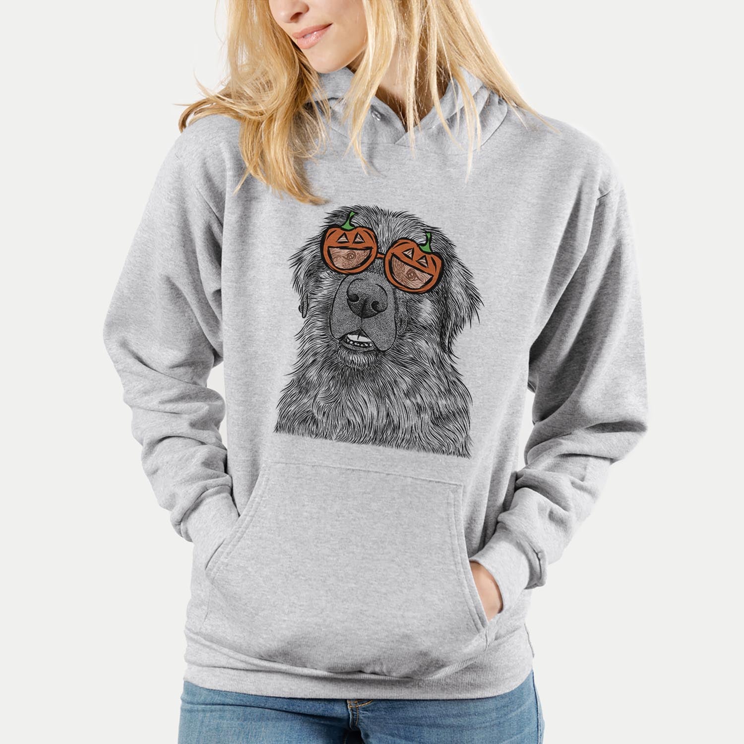 Hand-drawn sketch of Ralph the Leonberger wearing pumpkin glasses on a Grey pumpkin collection
