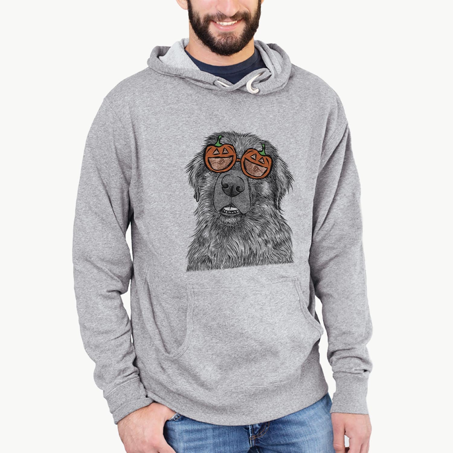 Hand-drawn sketch of Ralph the Leonberger wearing pumpkin glasses on a Grey pumpkin collection