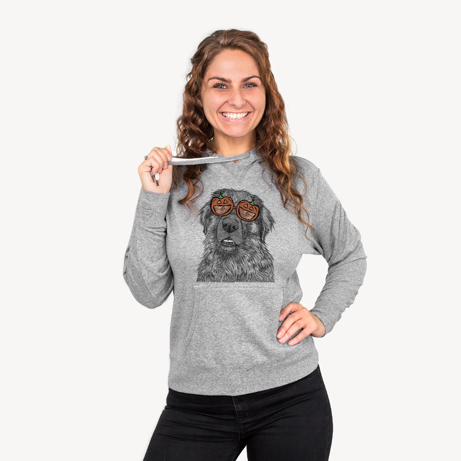 Hand-drawn sketch of Ralph the Leonberger wearing pumpkin glasses on a Grey pumpkin collection