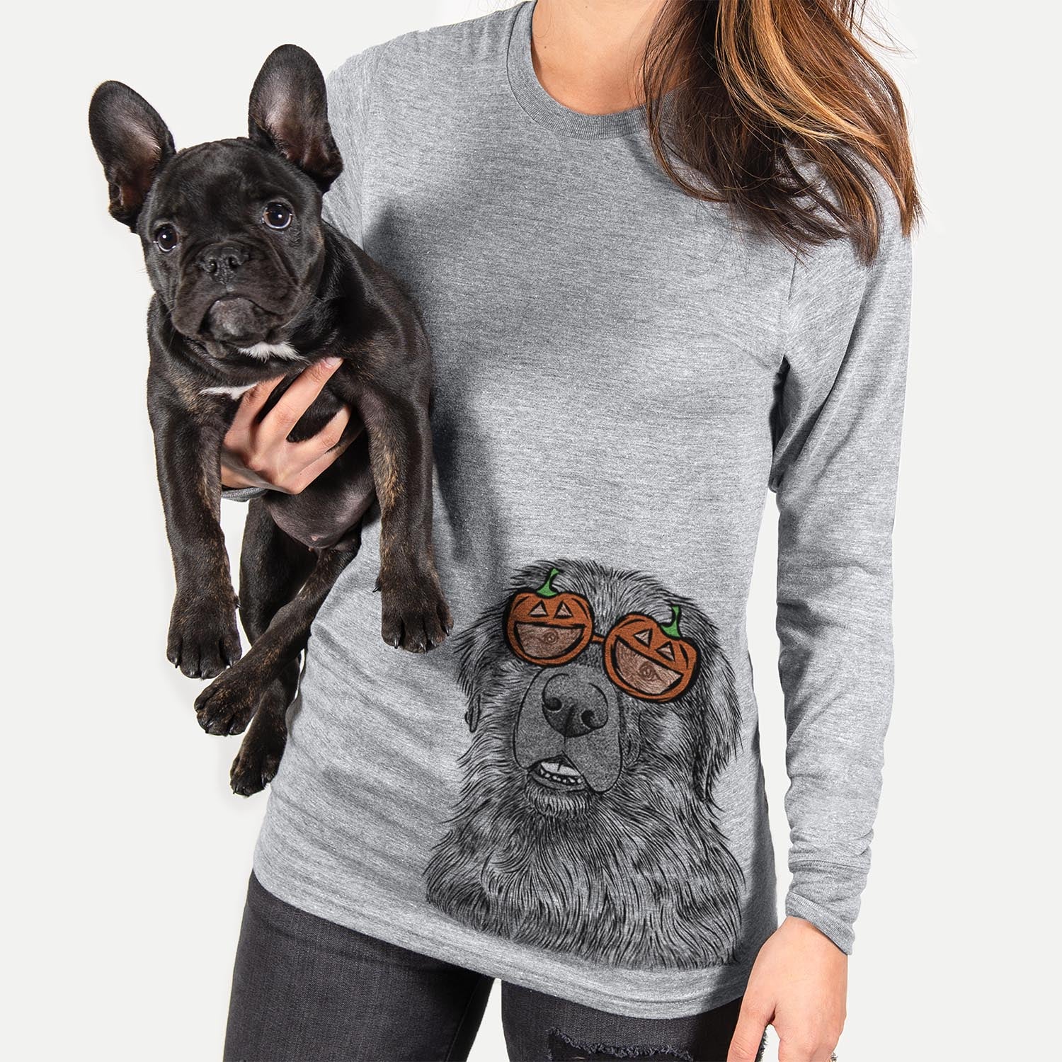 Hand-drawn sketch of Ralph the Leonberger wearing pumpkin glasses on a Grey pumpkin collection