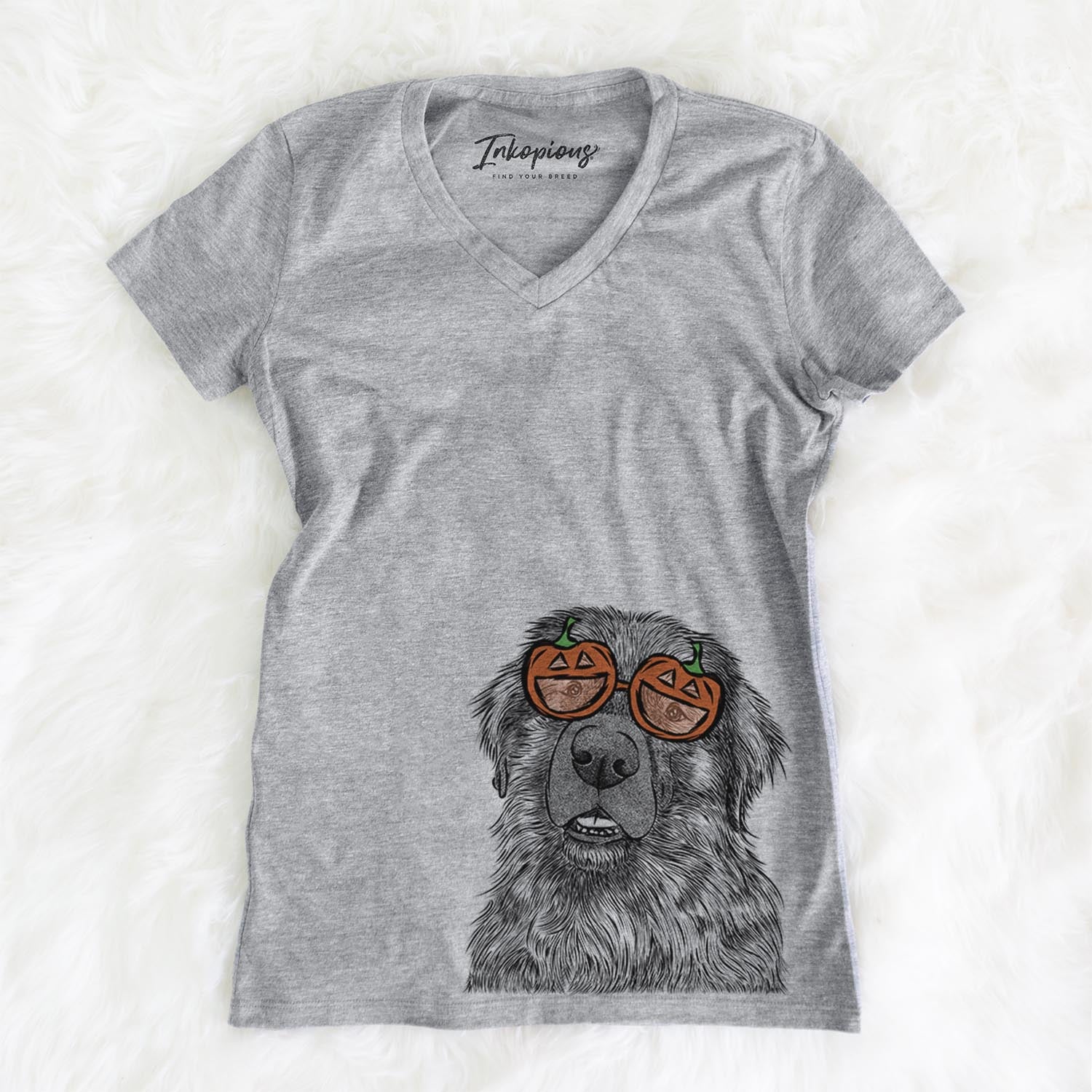 Hand-drawn sketch of Ralph the Leonberger wearing pumpkin glasses on a Grey pumpkin collection, on a hanger