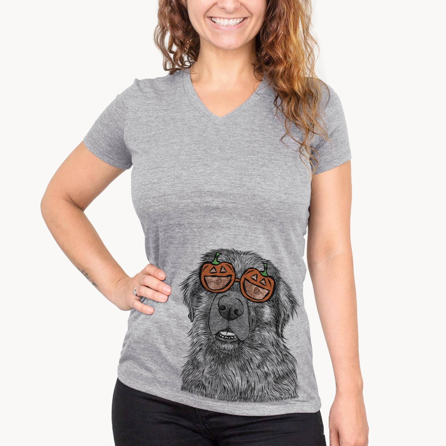 Hand-drawn sketch of Ralph the Leonberger wearing pumpkin glasses on a Grey pumpkin collection