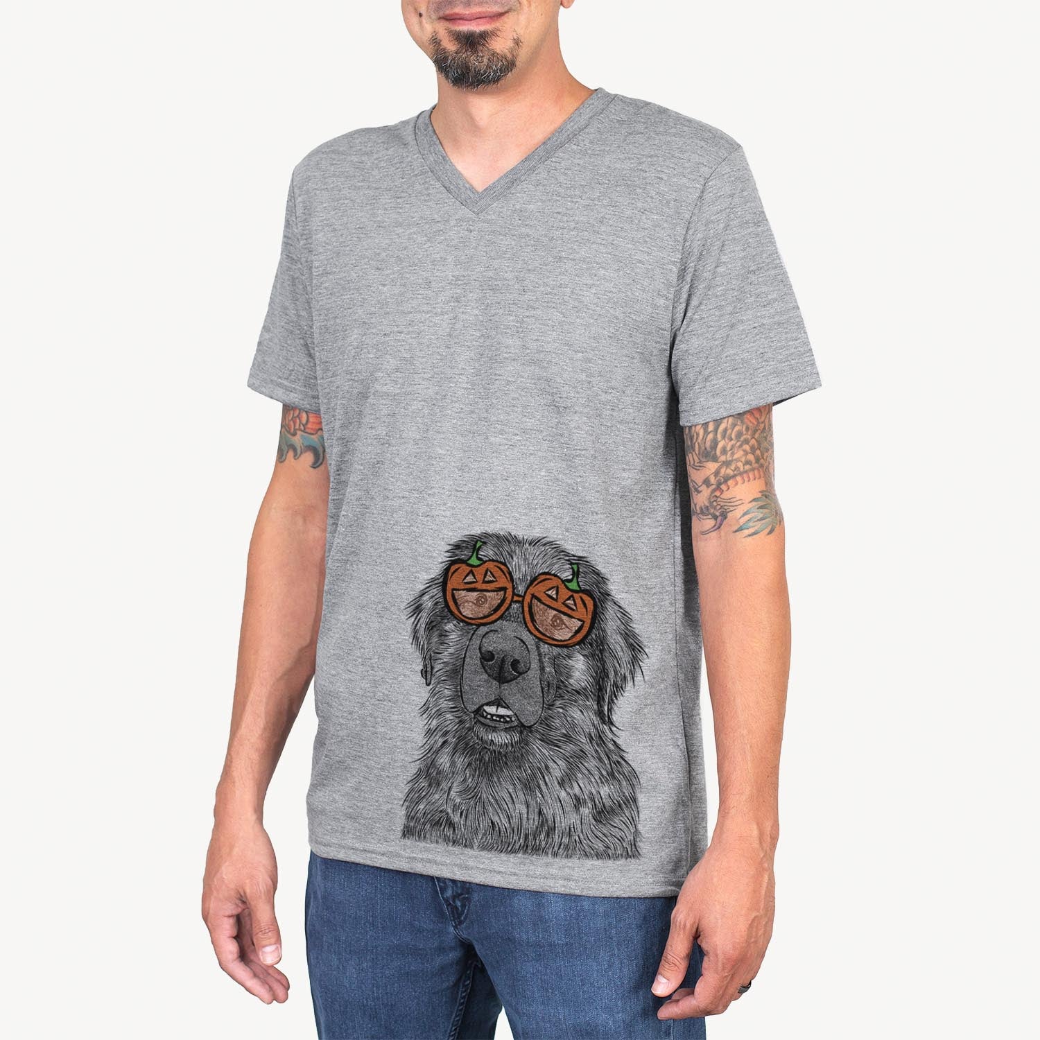 Hand-drawn sketch of Ralph the Leonberger wearing pumpkin glasses on a Grey pumpkin collection