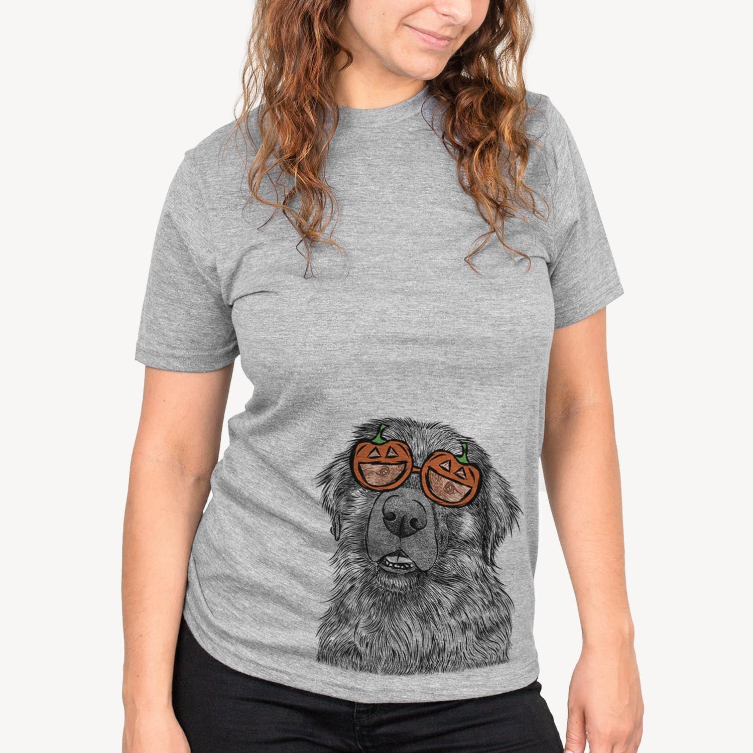 Hand-drawn sketch of Ralph the Leonberger wearing pumpkin glasses on a Grey pumpkin collection, on a hanger