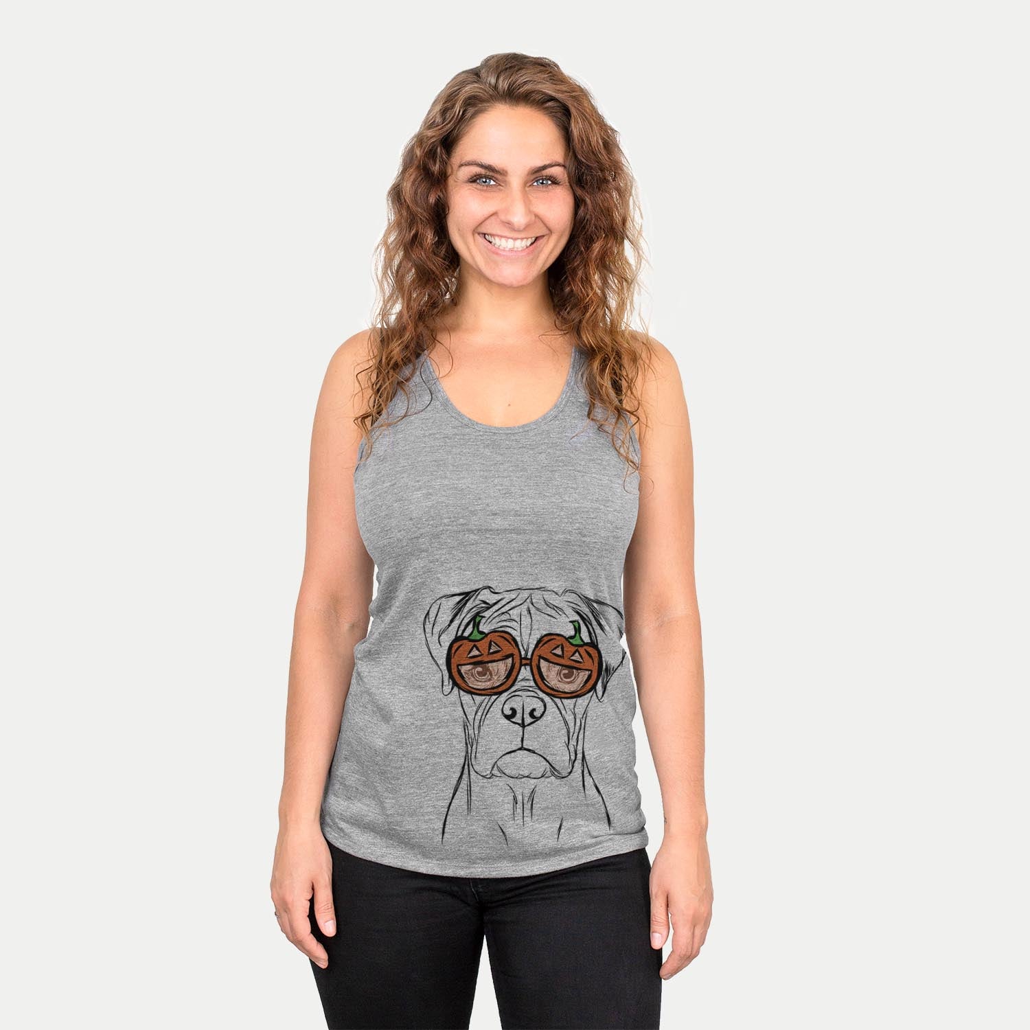 Hand-drawn sketch of Reese the Boxer wearing pumpkin glasses on a Grey pumpkin collection
