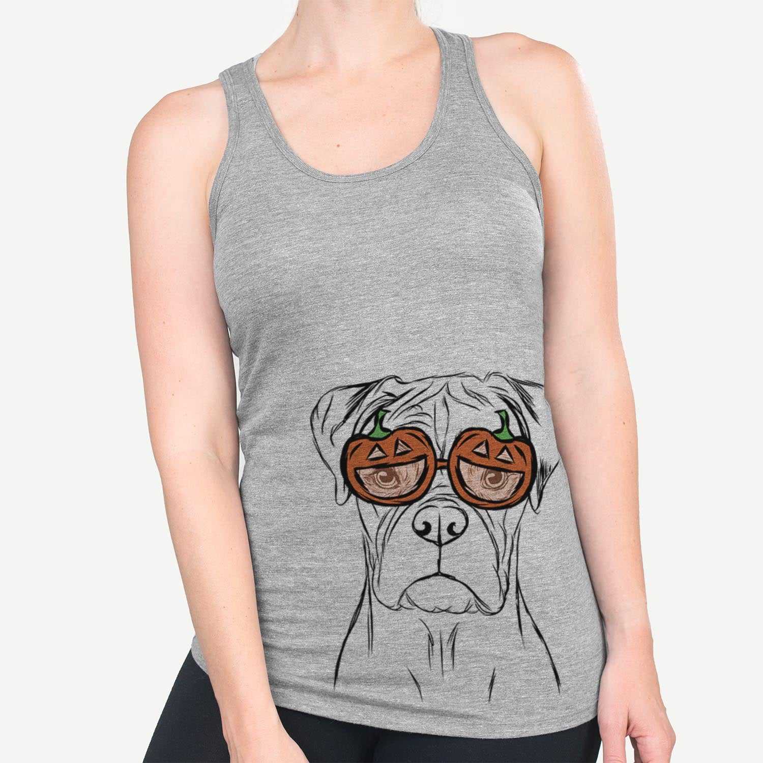 Hand-drawn sketch of Reese the Boxer wearing pumpkin glasses on a Grey pumpkin collection