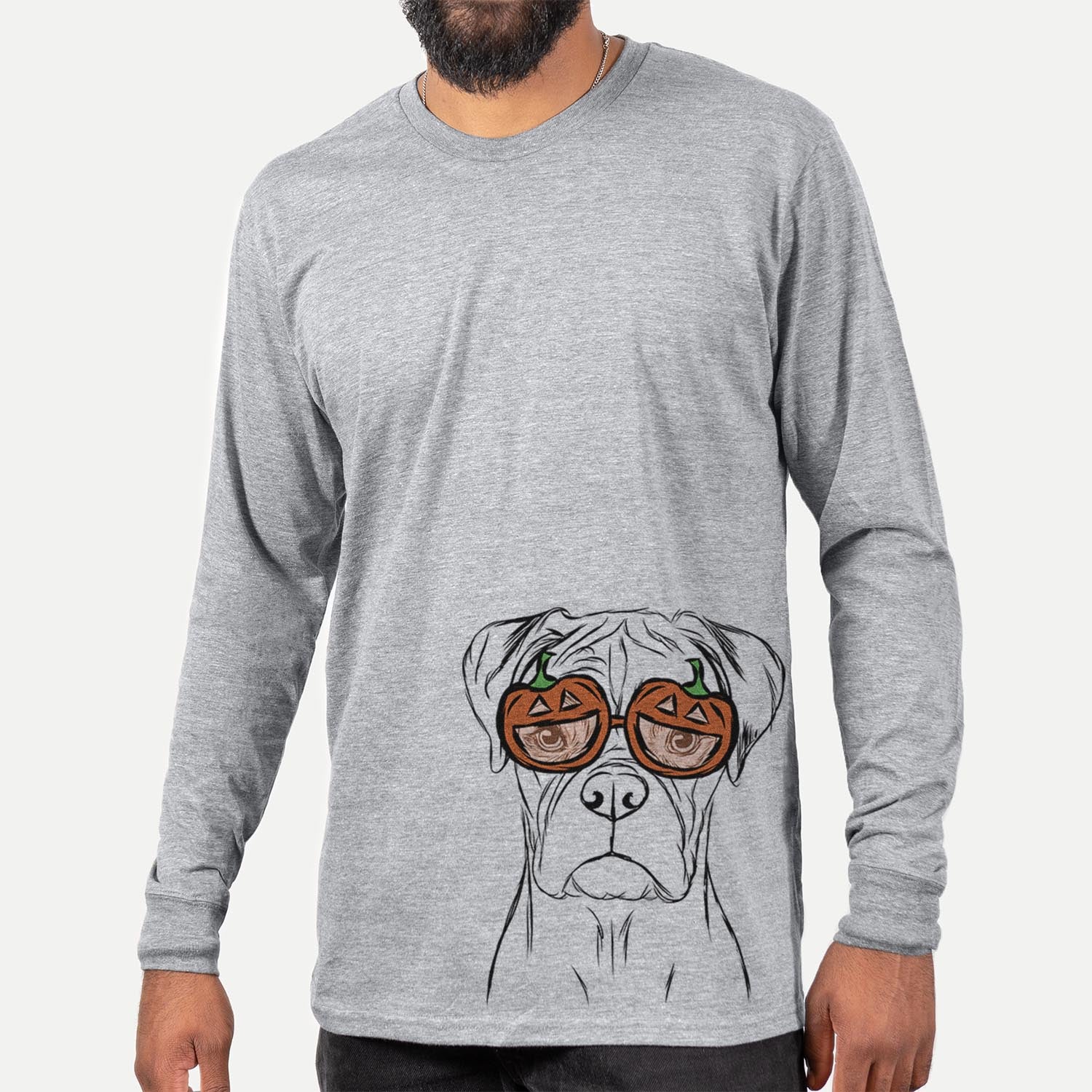 Hand-drawn sketch of Reese the Boxer wearing pumpkin glasses on a Grey pumpkin collection, hanging on a wall
