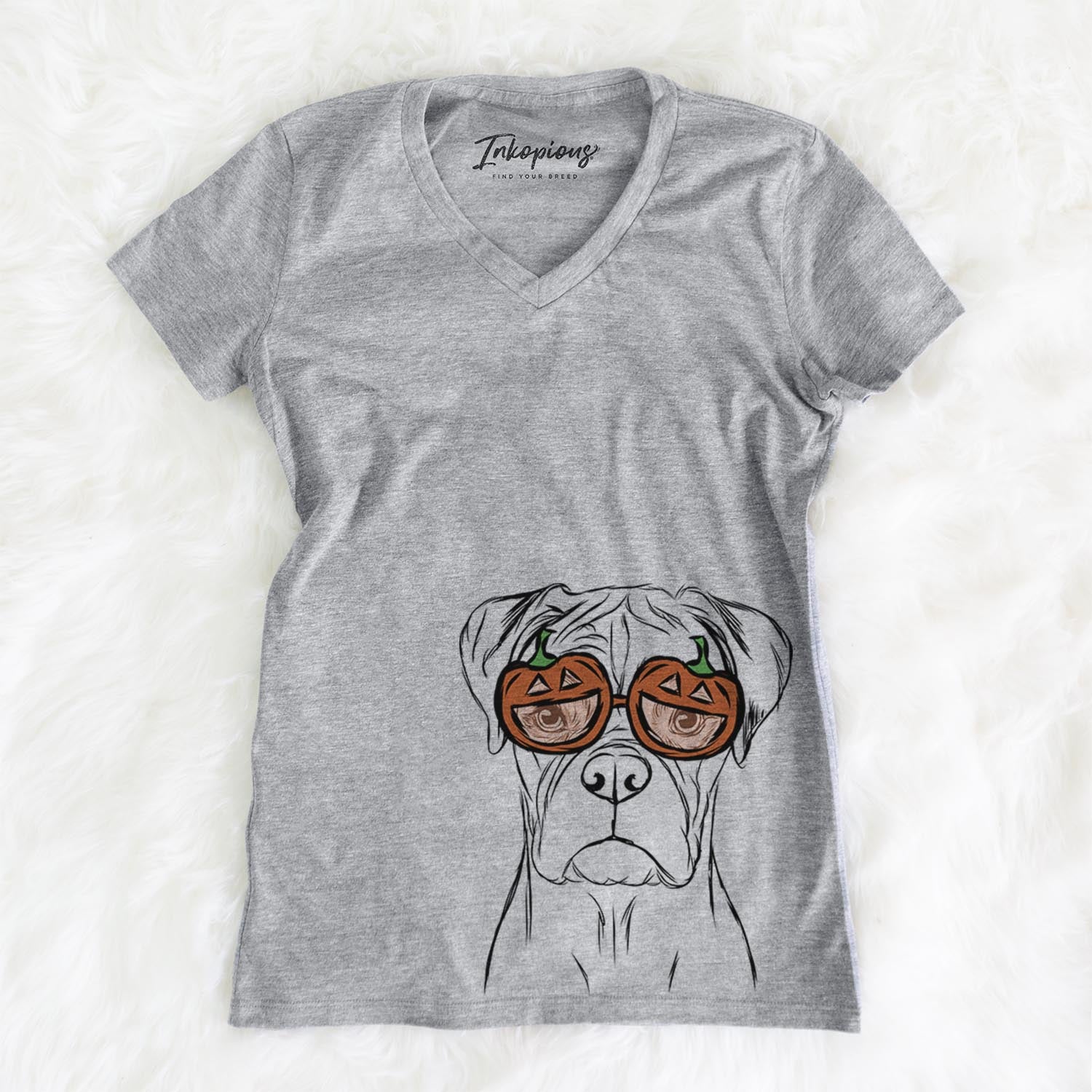 Hand-drawn sketch of Reese the Boxer wearing pumpkin glasses on a Grey pumpkin collection, on a hanger