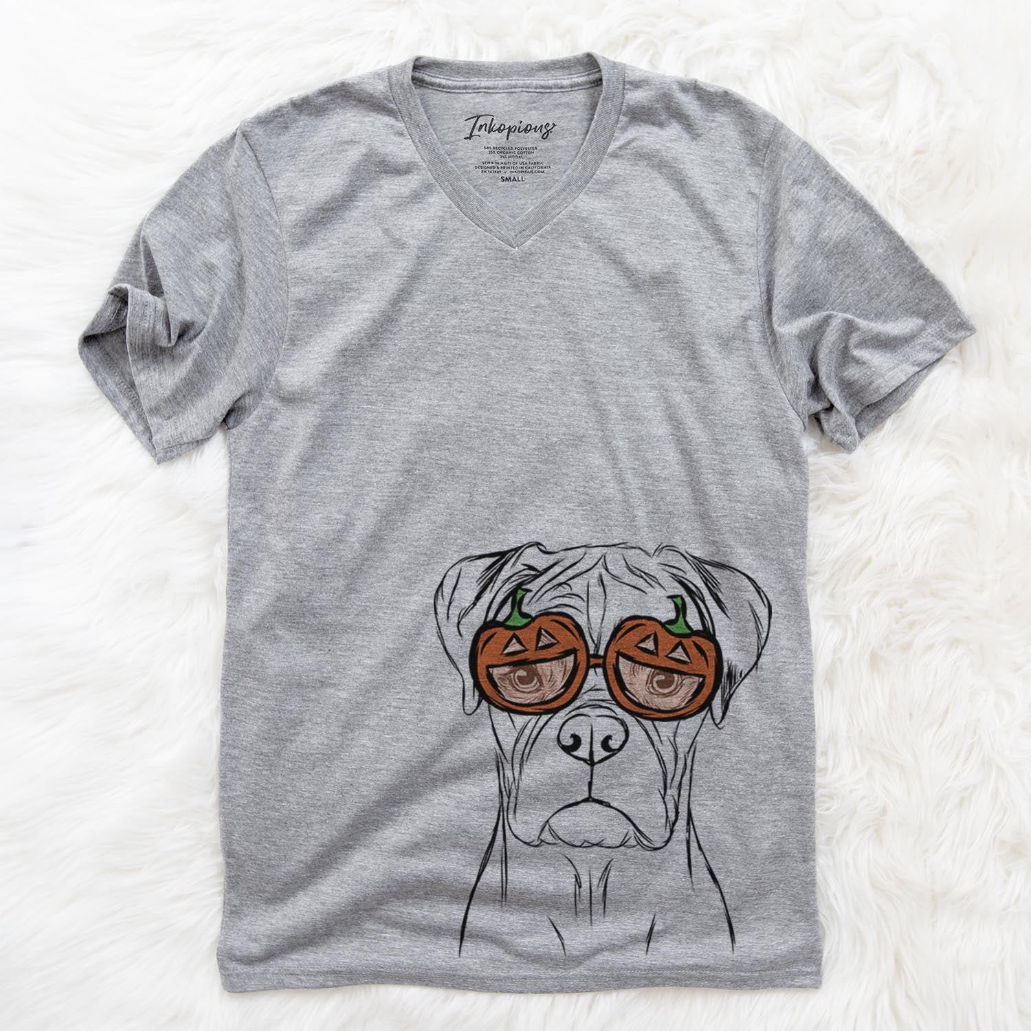 Hand-drawn sketch of Reese the Boxer wearing pumpkin glasses on a Grey pumpkin collection