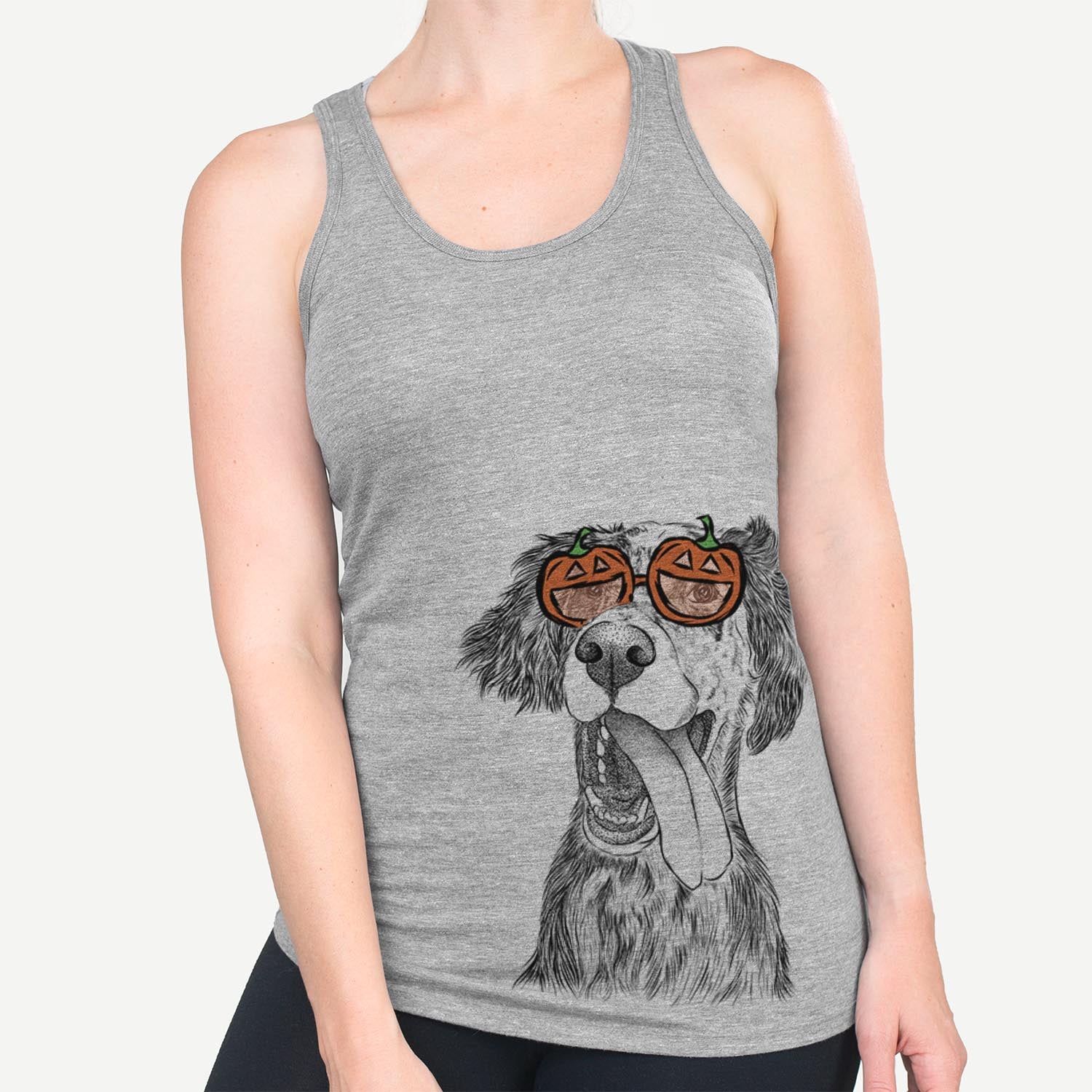 Hand-drawn sketch of Renly the English Setter wearing pumpkin glasses on a Grey pumpkin collection