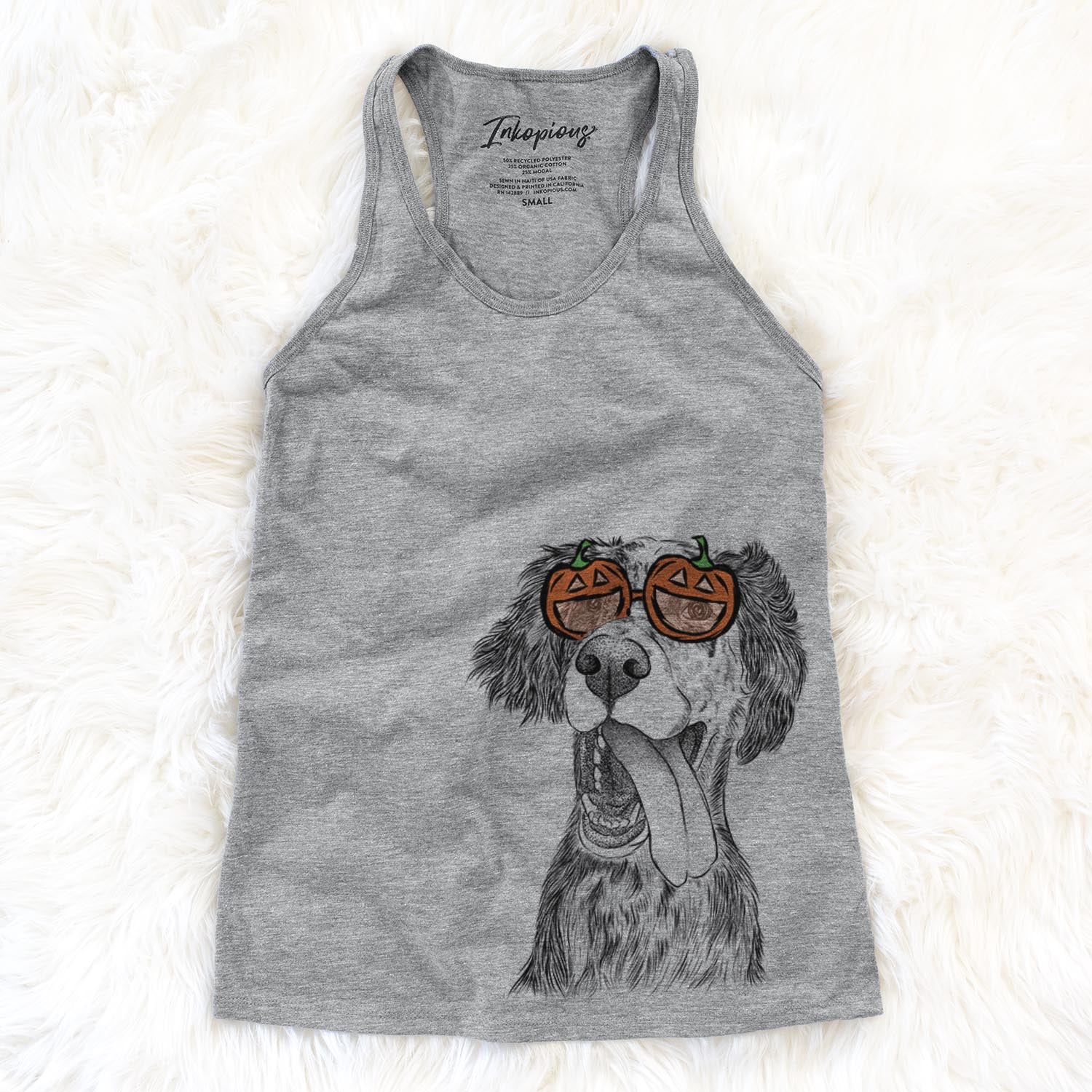 Hand-drawn sketch of Renly the English Setter wearing pumpkin glasses on a Grey pumpkin collection