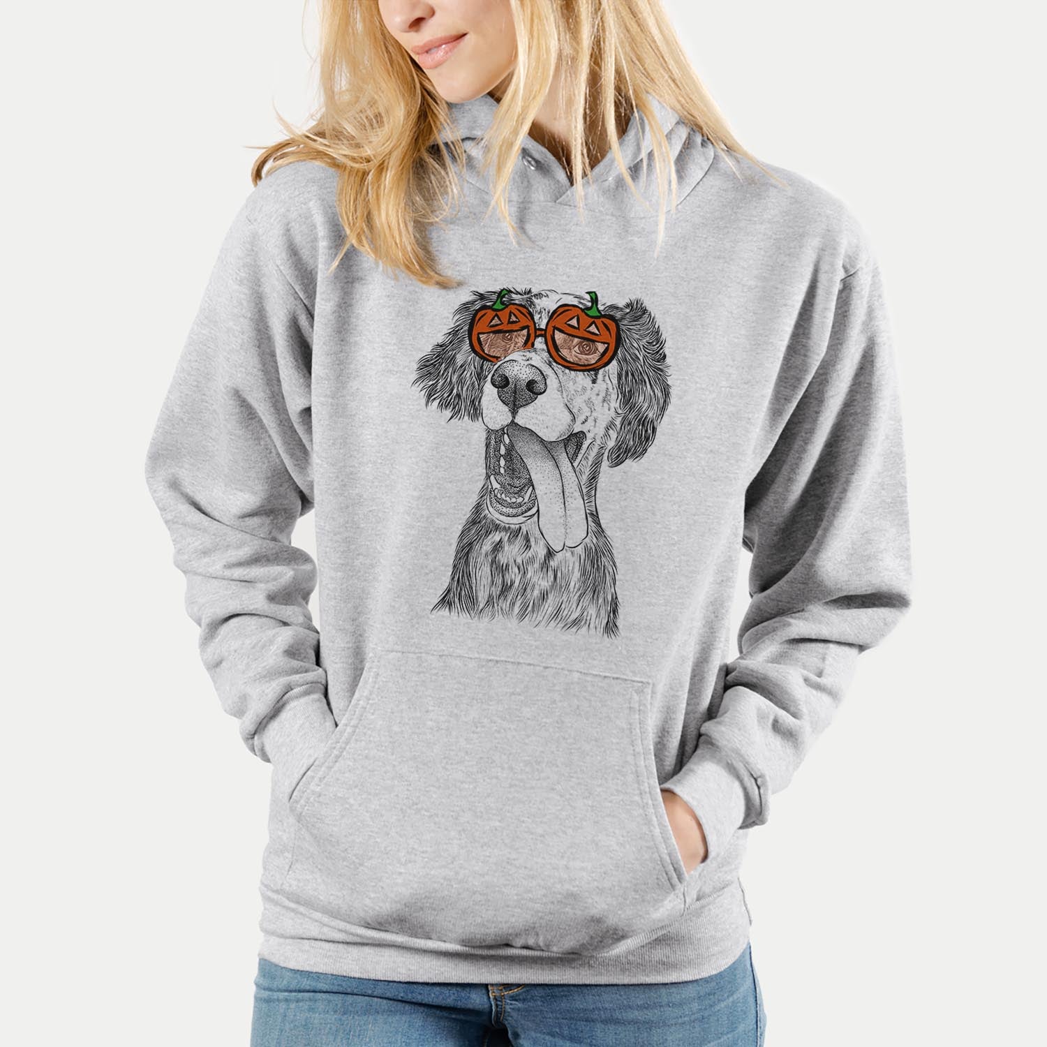 Hand-drawn sketch of Renly the English Setter wearing pumpkin glasses on a Grey pumpkin collection