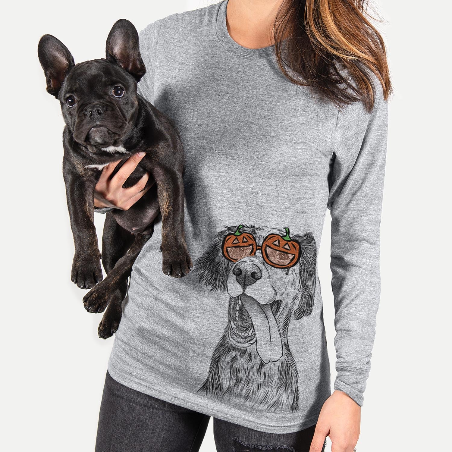 Hand-drawn sketch of Renly the English Setter wearing pumpkin glasses on a Grey pumpkin collection