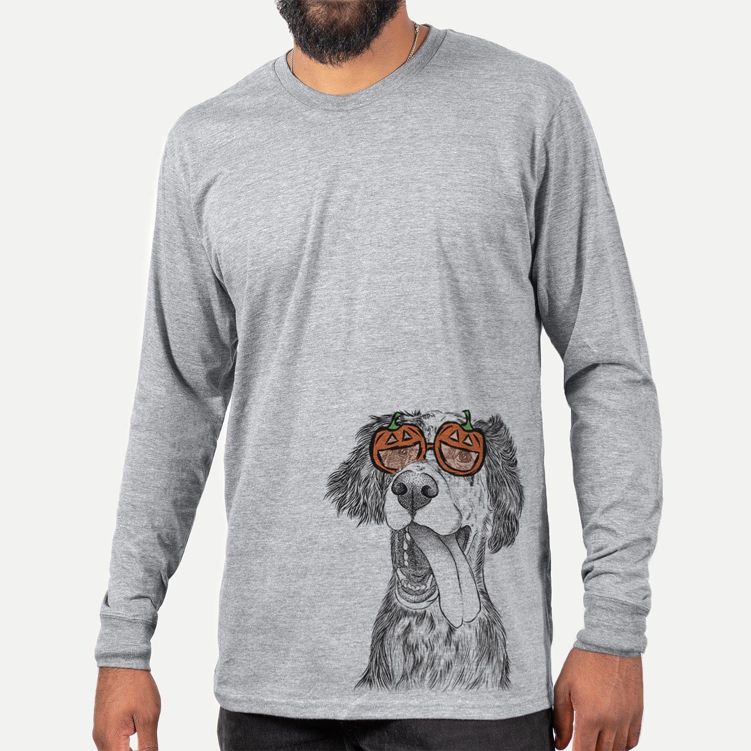 Hand-drawn sketch of Renly the English Setter wearing pumpkin glasses on a Grey pumpkin collection, hanging on a wall