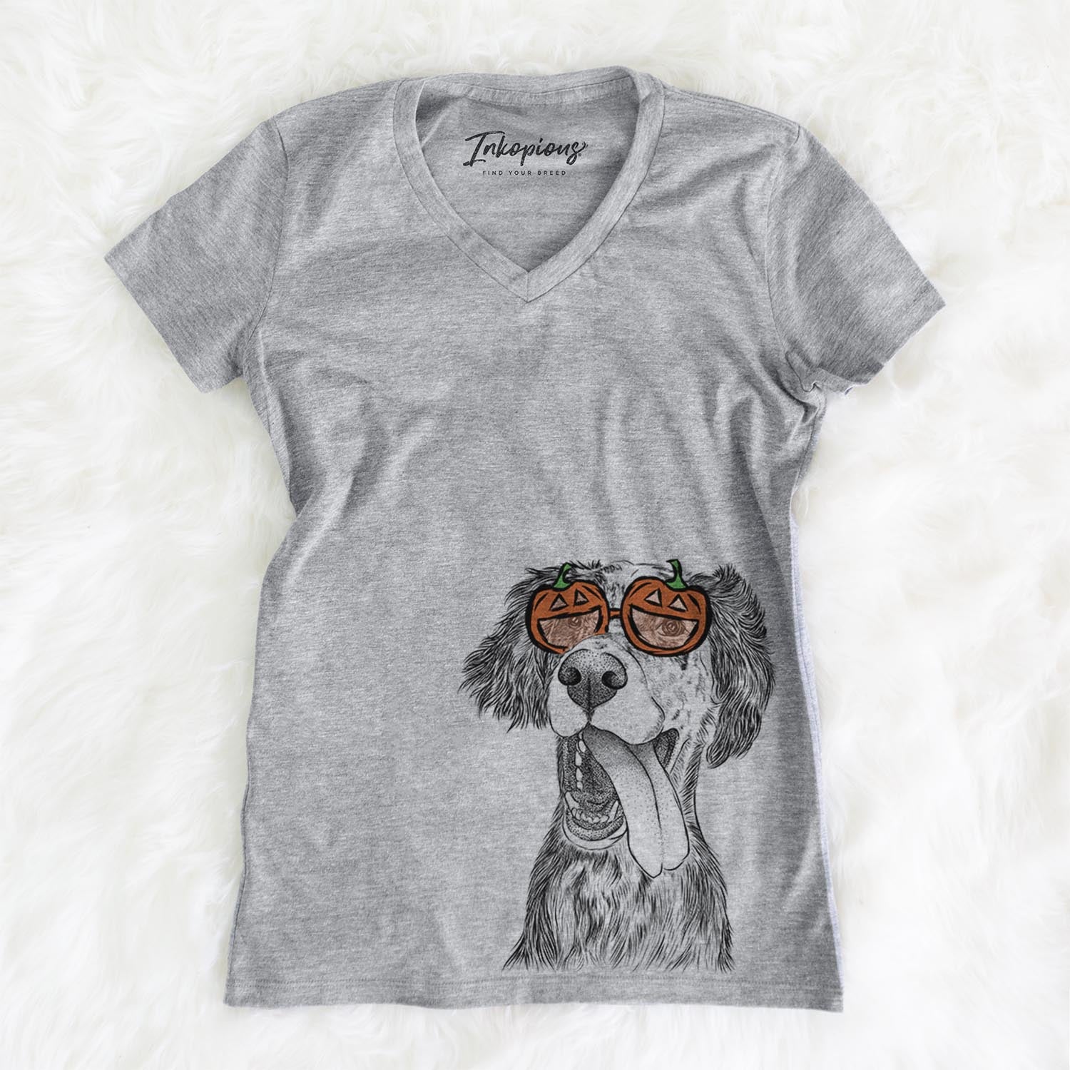 Hand-drawn sketch of Renly the English Setter wearing pumpkin glasses on a Grey pumpkin collection, on a hanger