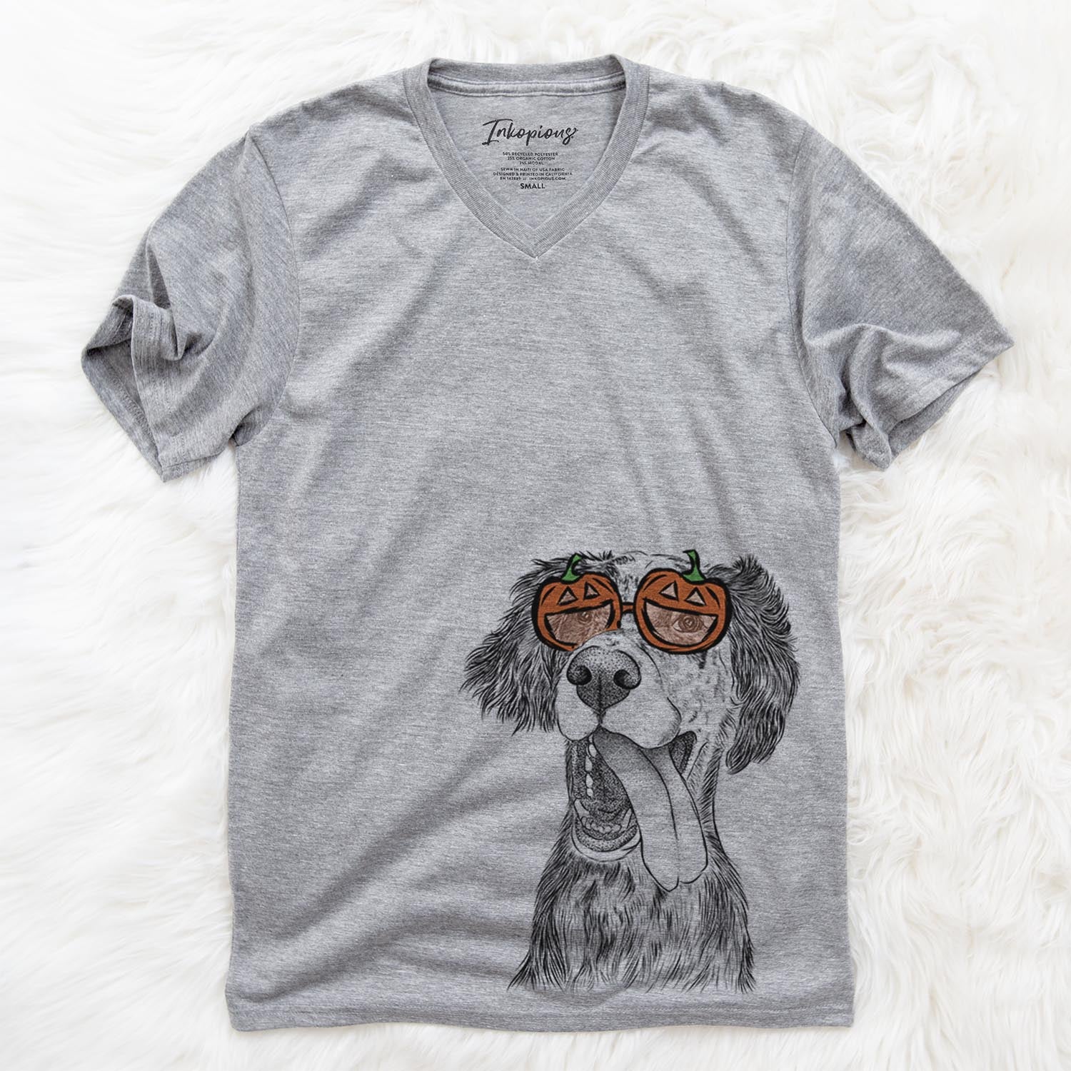 Hand-drawn sketch of Renly the English Setter wearing pumpkin glasses on a Grey pumpkin collection