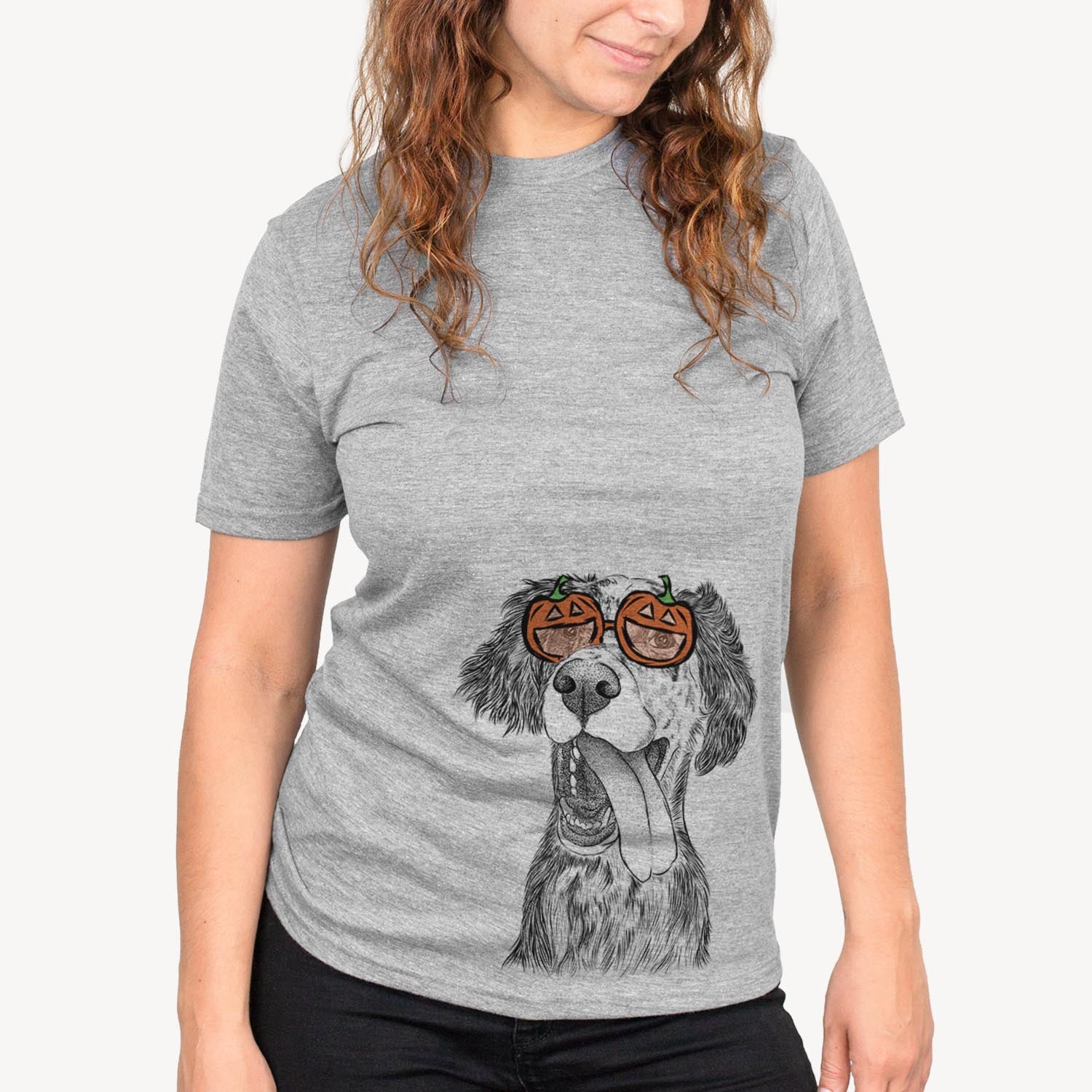 Hand-drawn sketch of Renly the English Setter wearing pumpkin glasses on a Grey pumpkin collection, on a hanger