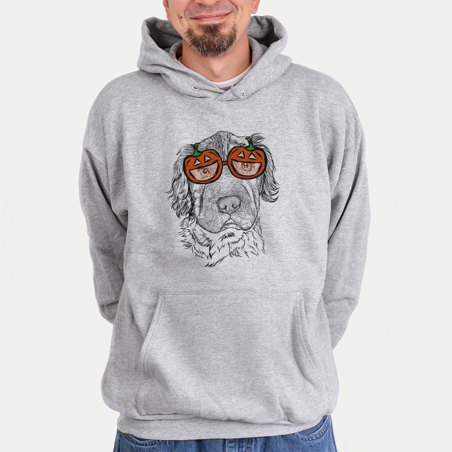 Hand-drawn sketch of Rex the Mini Hippo wearing pumpkin glasses on a Grey pumpkin collection, hanging on a wall