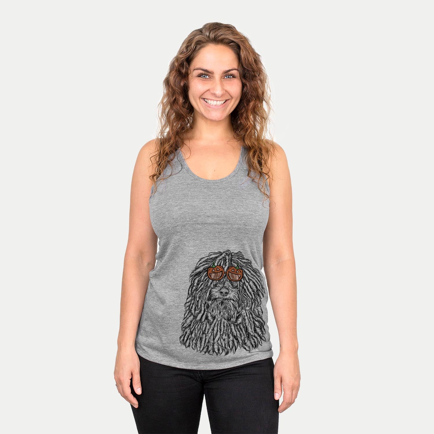 Hand-drawn sketch of Rezi the Puli wearing pumpkin glasses on a Grey pumpkin collection