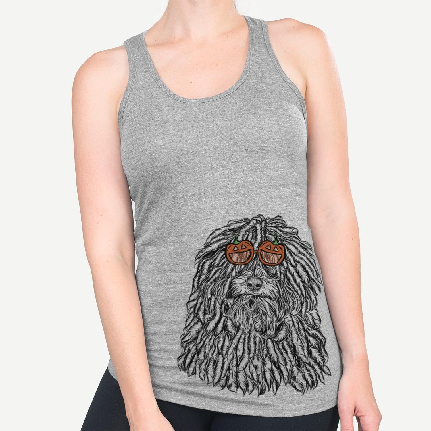 Hand-drawn sketch of Rezi the Puli wearing pumpkin glasses on a Grey pumpkin collection