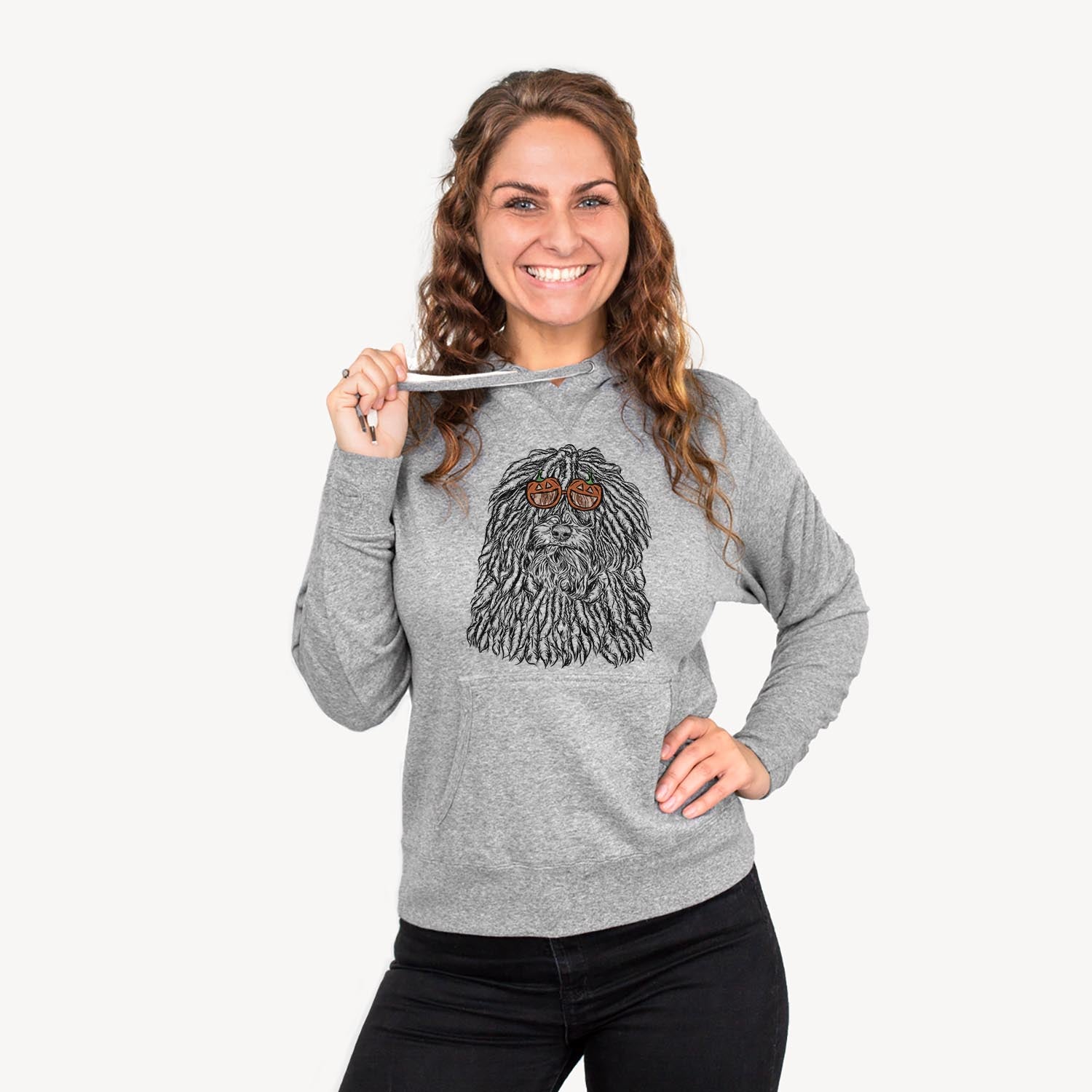 Hand-drawn sketch of Rezi the Puli wearing pumpkin glasses on a Grey pumpkin collection