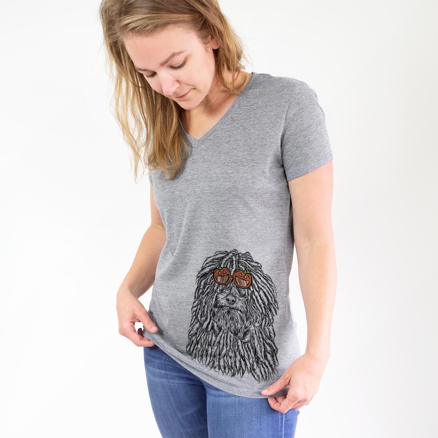 Hand-drawn sketch of Rezi the Puli wearing pumpkin glasses on a Grey pumpkin collection