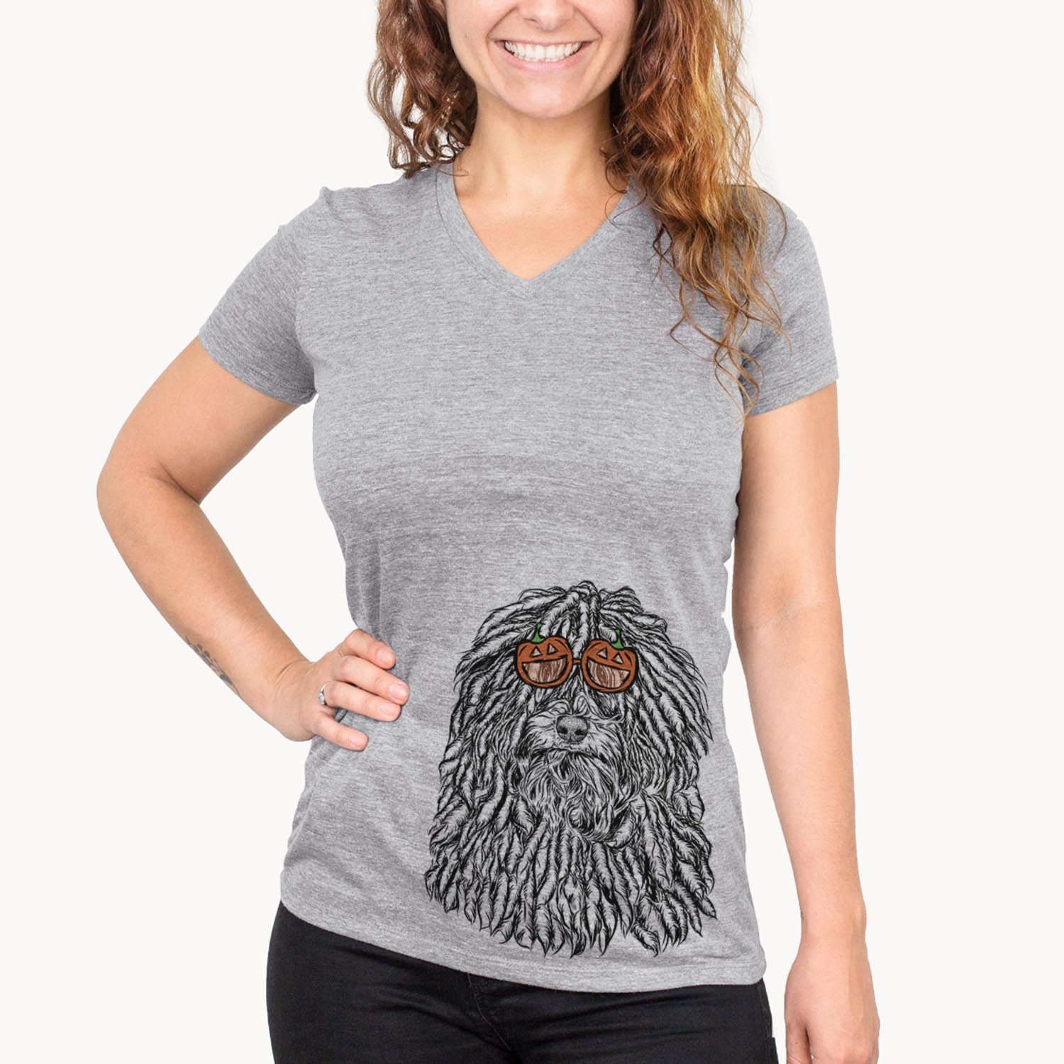 Hand-drawn sketch of Rezi the Puli wearing pumpkin glasses on a Grey pumpkin collection
