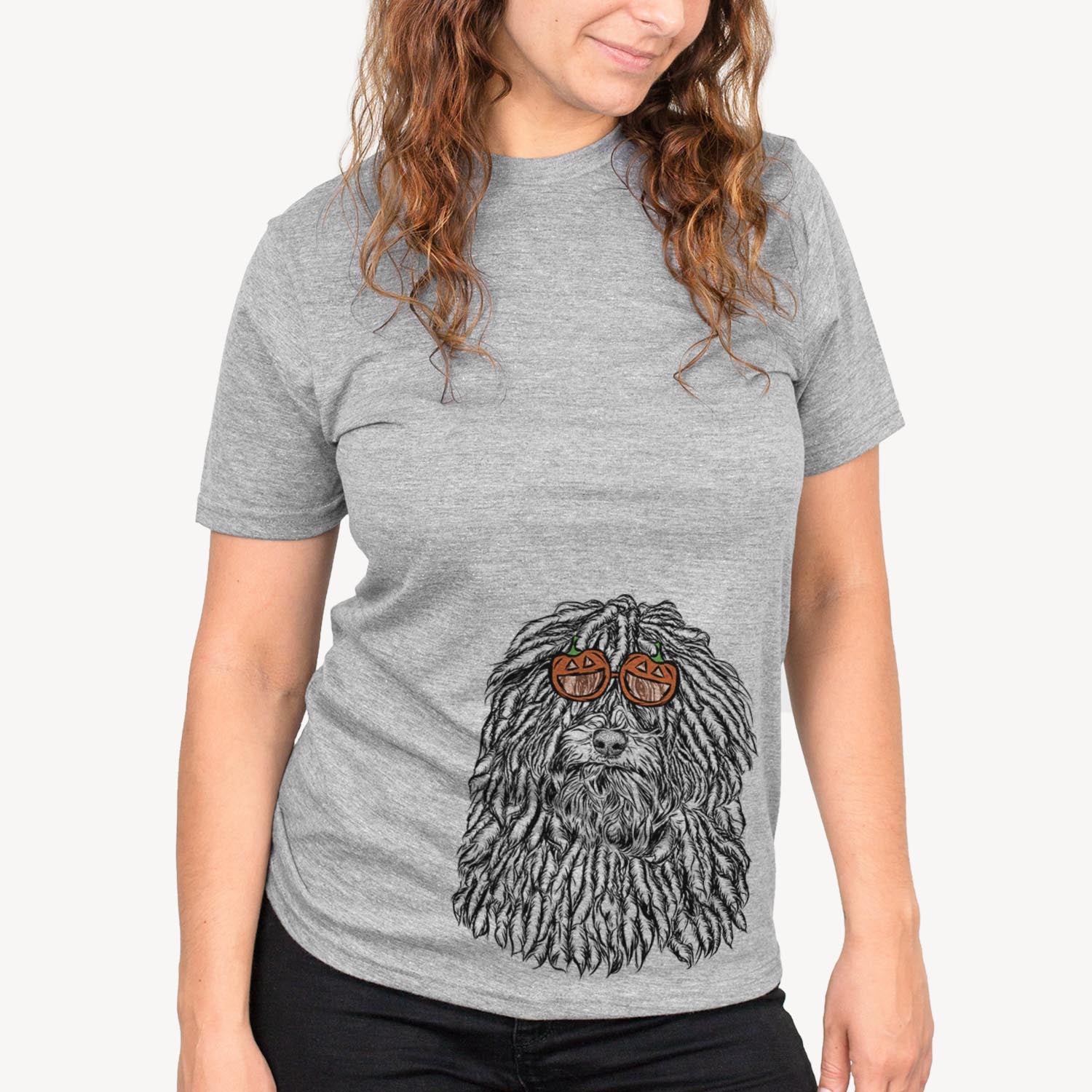 Hand-drawn sketch of Rezi the Puli wearing pumpkin glasses on a Grey pumpkin collection, on a hanger