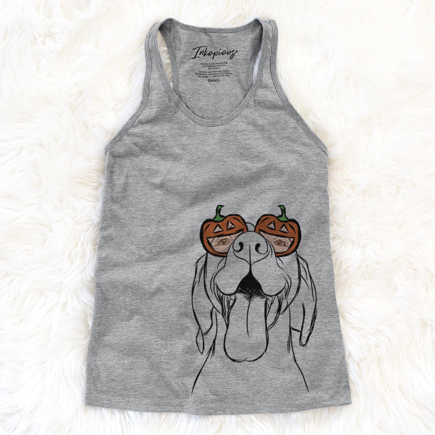 Hand-drawn sketch of Rhys the Vizsla wearing pumpkin glasses on a Grey pumpkin collection